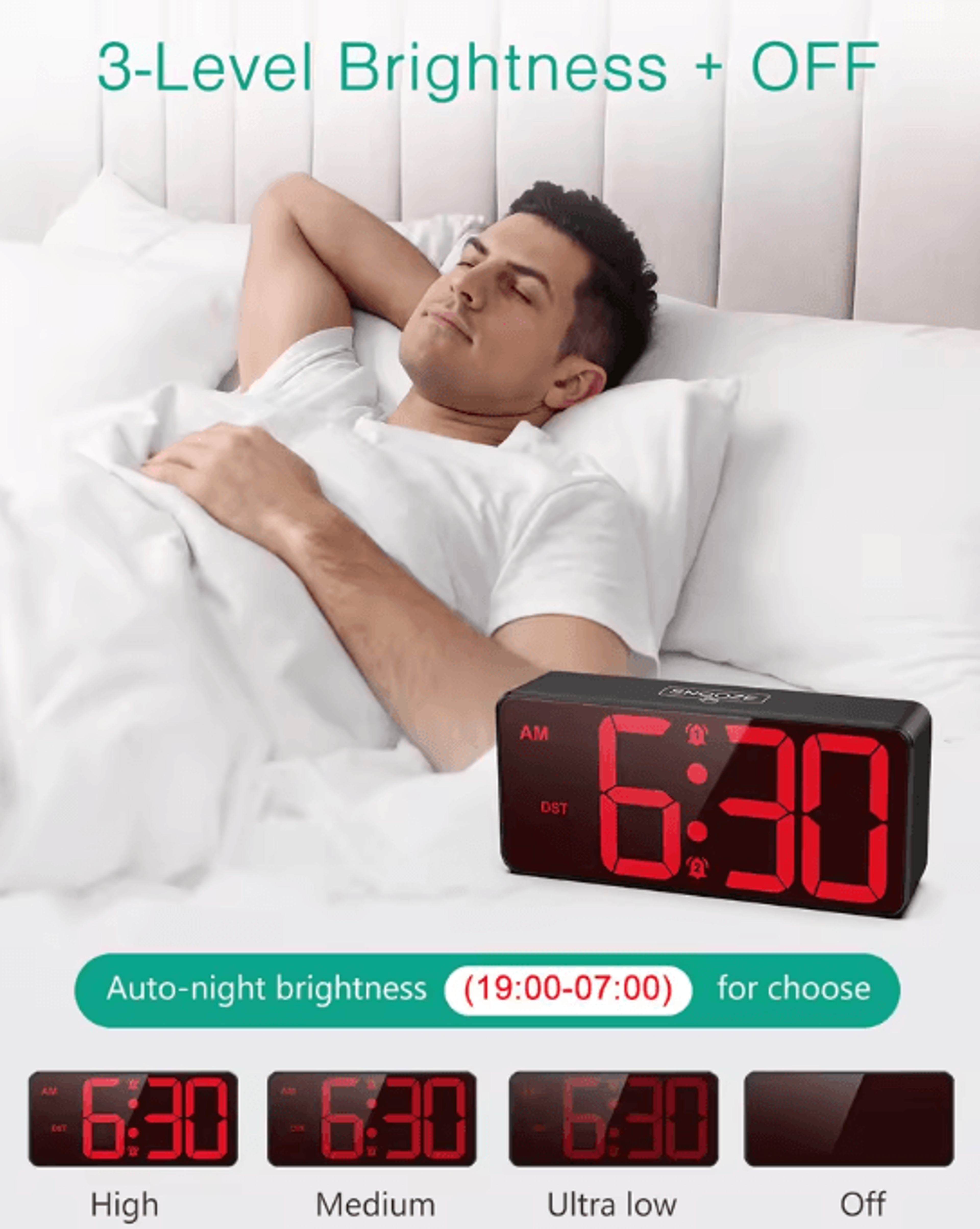 oria digital alarm clock – large display led dual alarm clock with snooze & dst