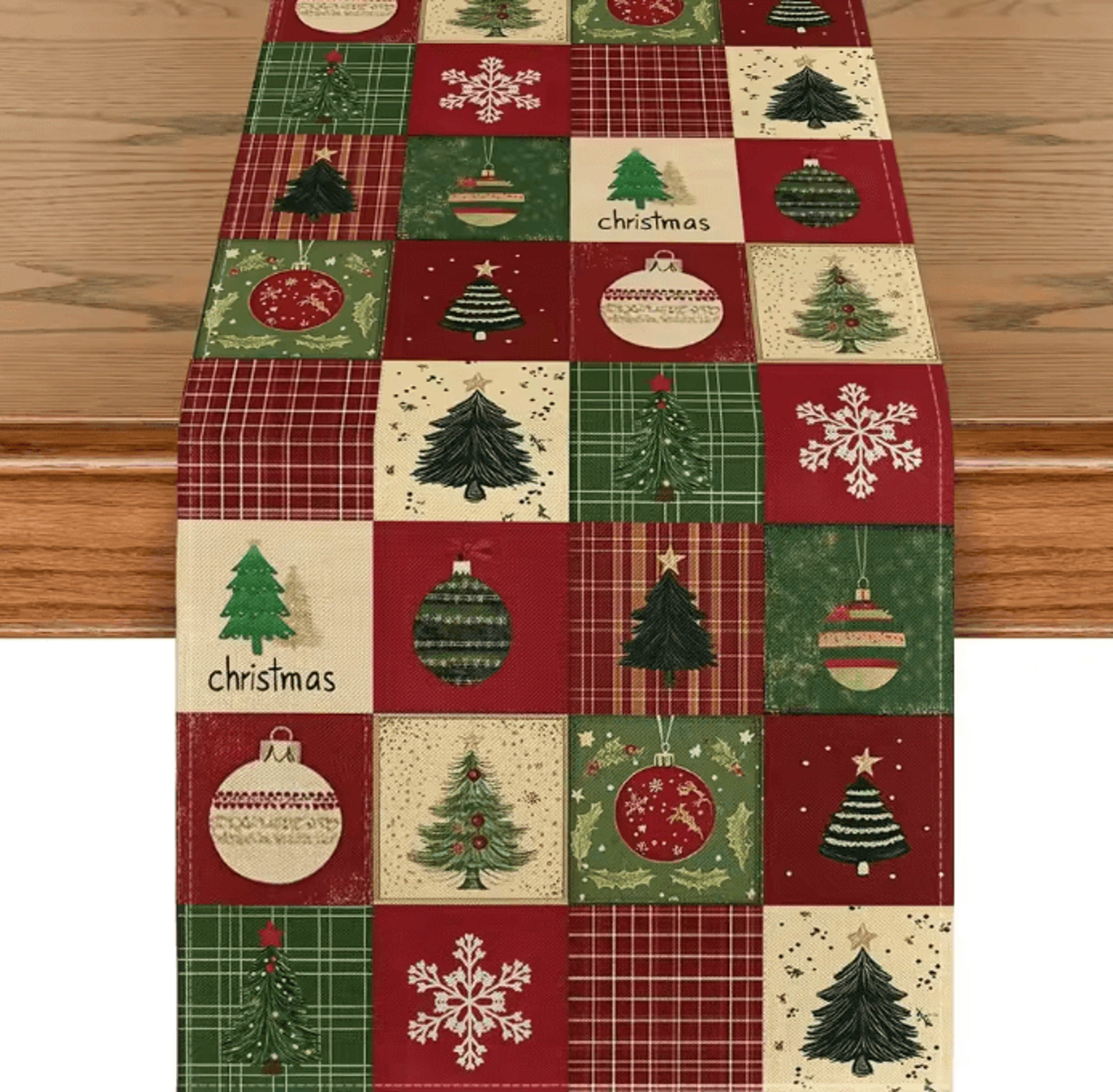 vikama christmas plaid linen table runner with snowflake & xmas ball design