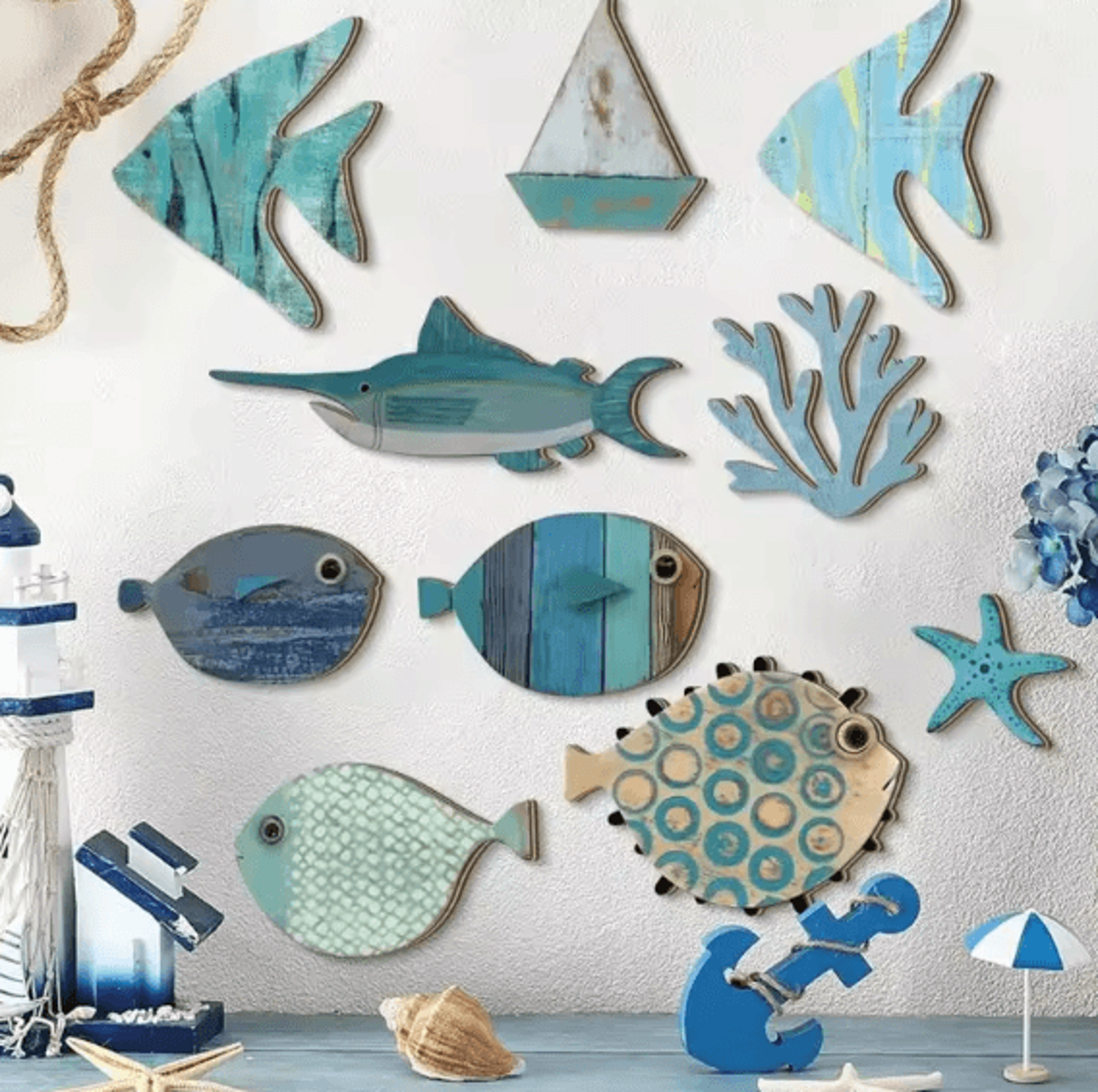 oceancraft 10pcs wooden fish wall decor nautical coastal hanging art set