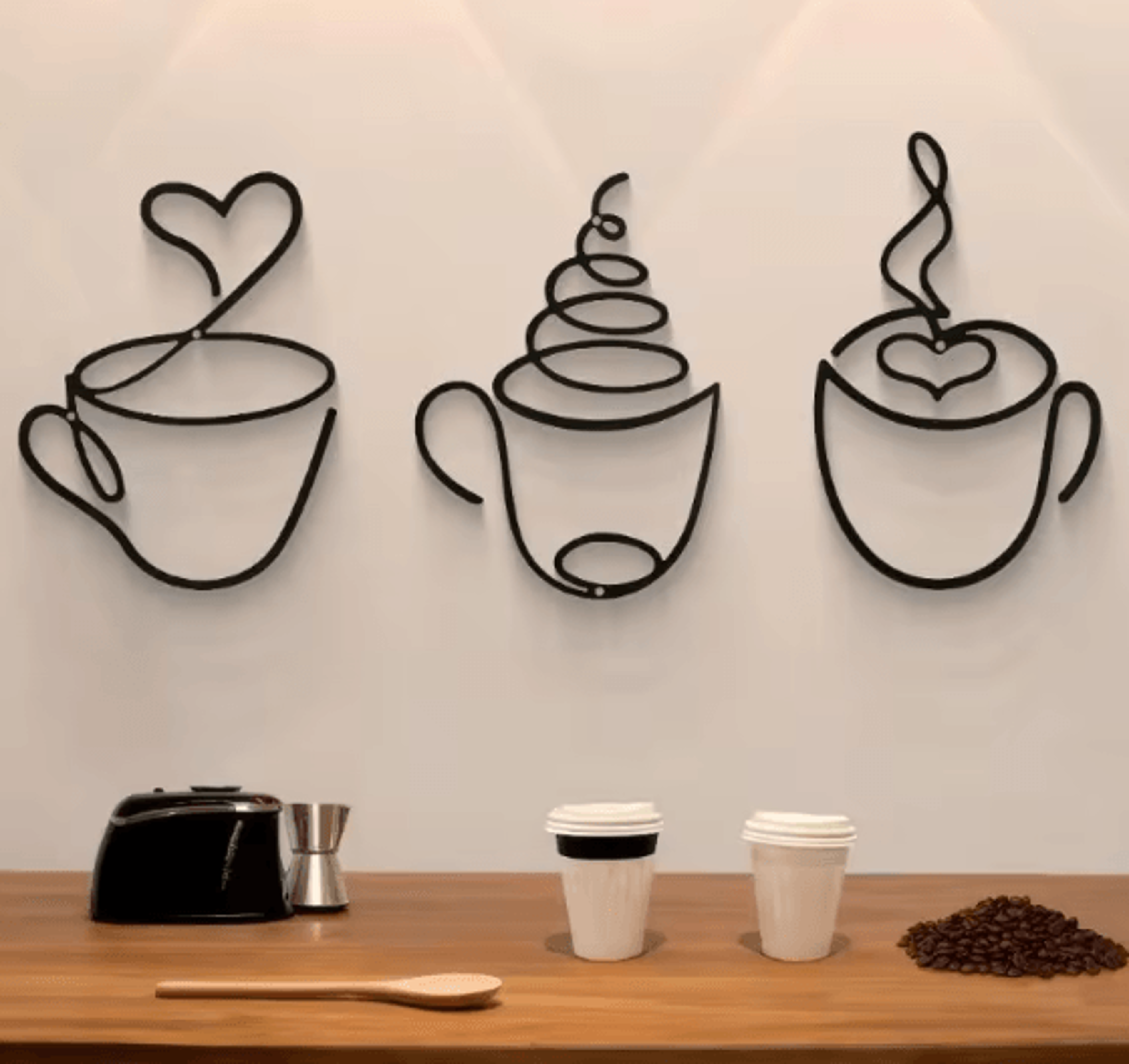 minimalist black metal coffee cup wall art decor for kitchen cafe and coffee bar