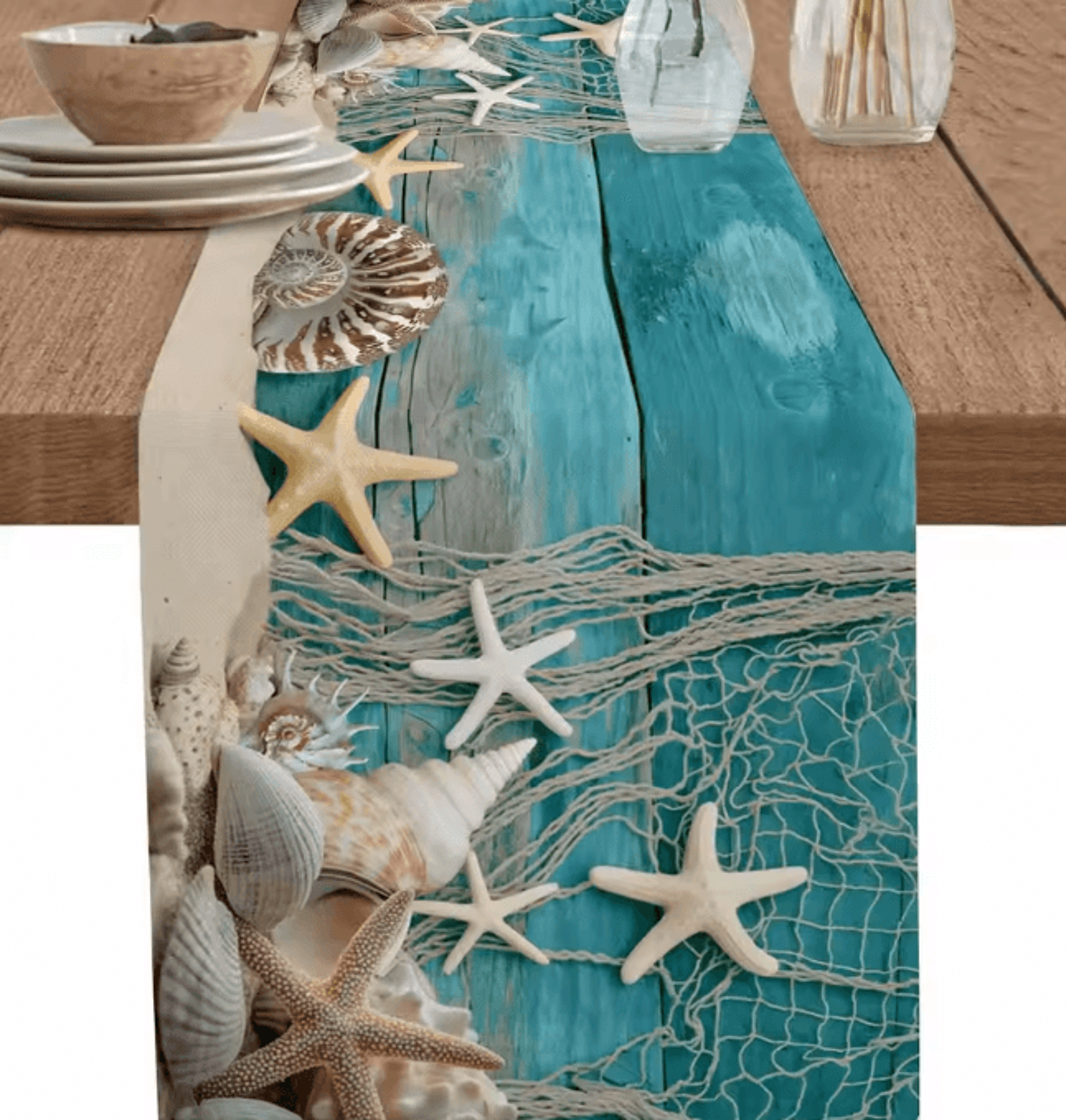summer beach starfish linen table runner – coastal ocean decor for dining & parties
