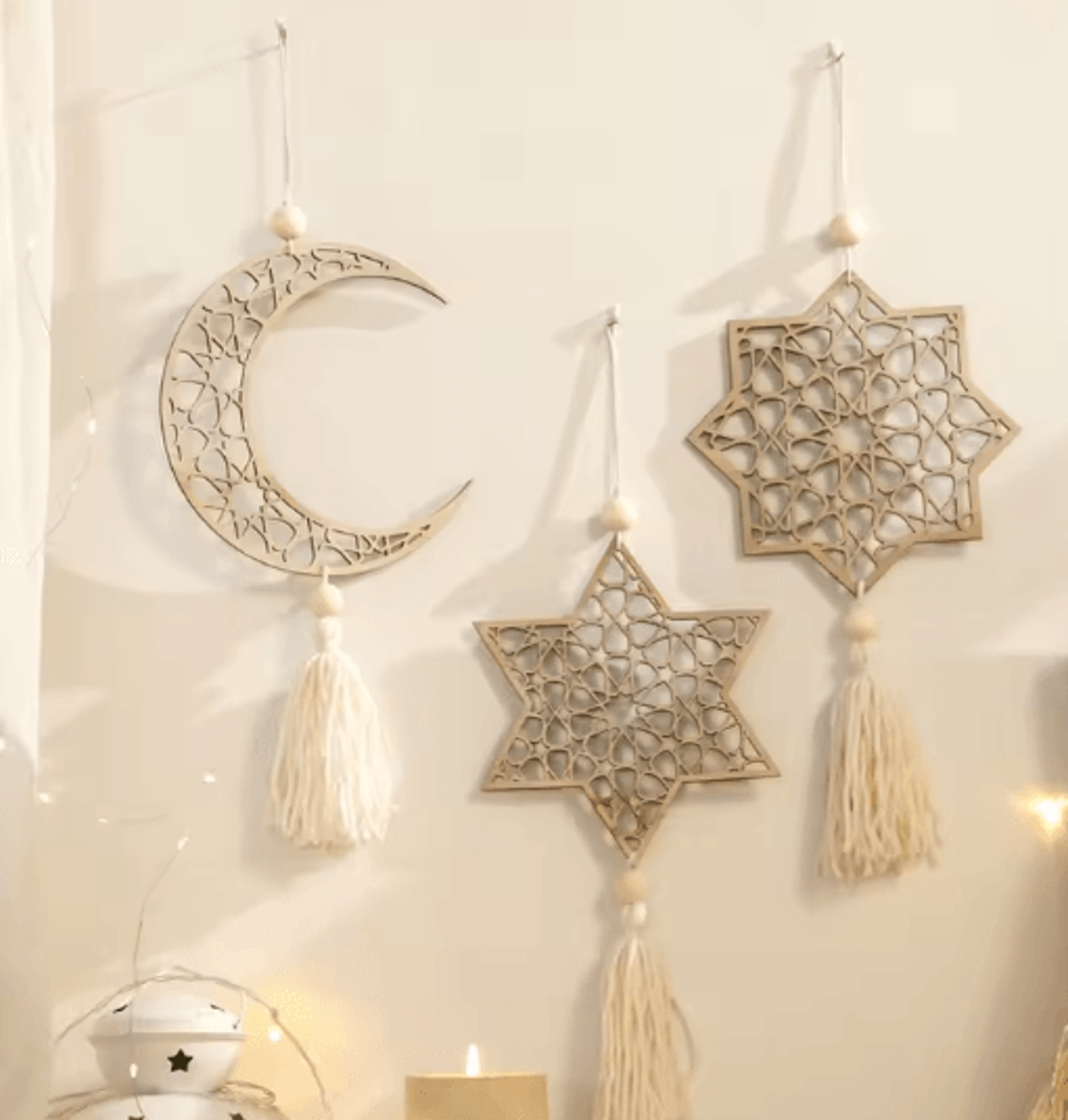 wooden ramadan moon tassel ornaments – eid mubarak hanging decor set