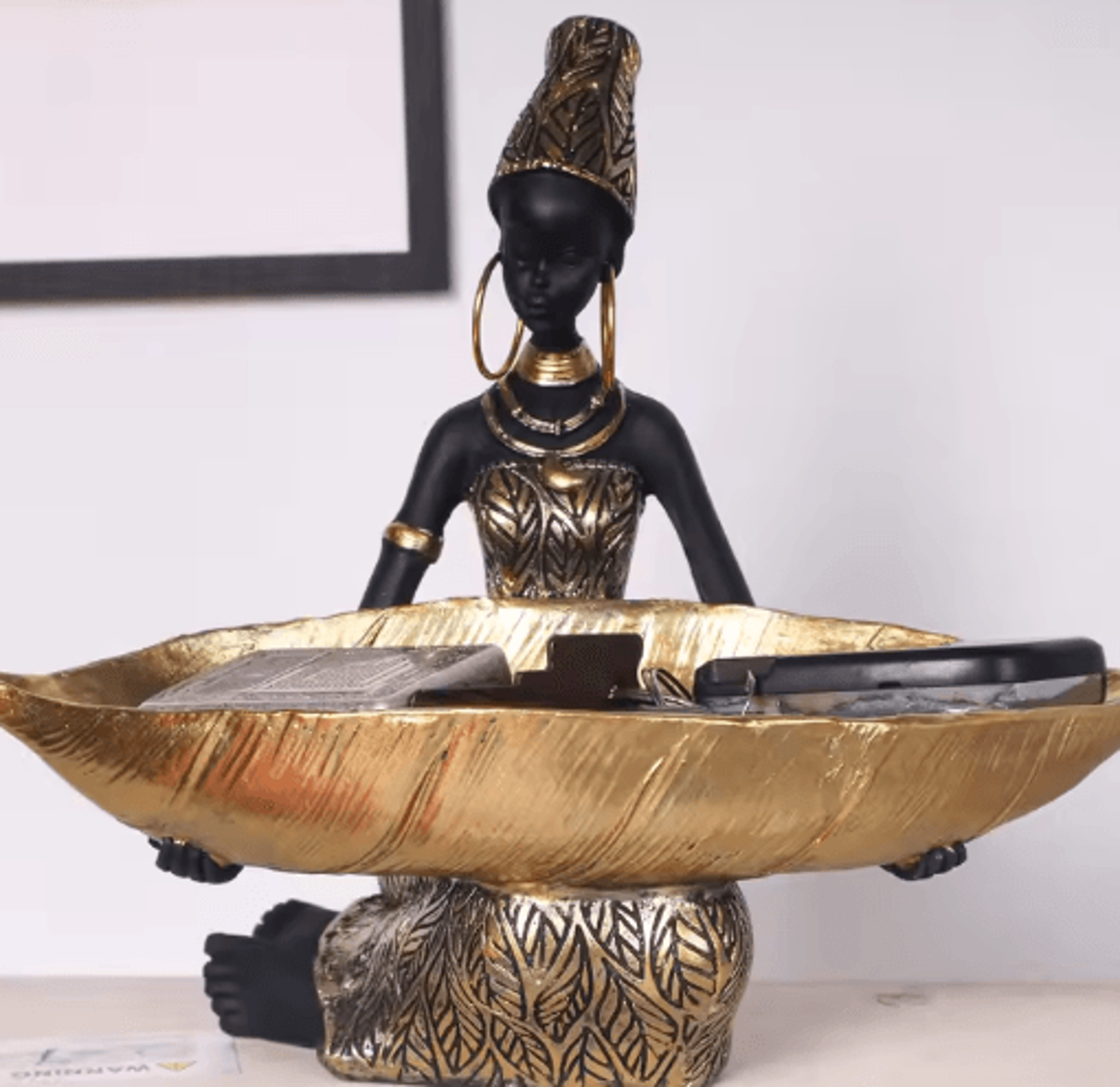 african girl holding tray sculpture – resin decorative storage figurine for home & office