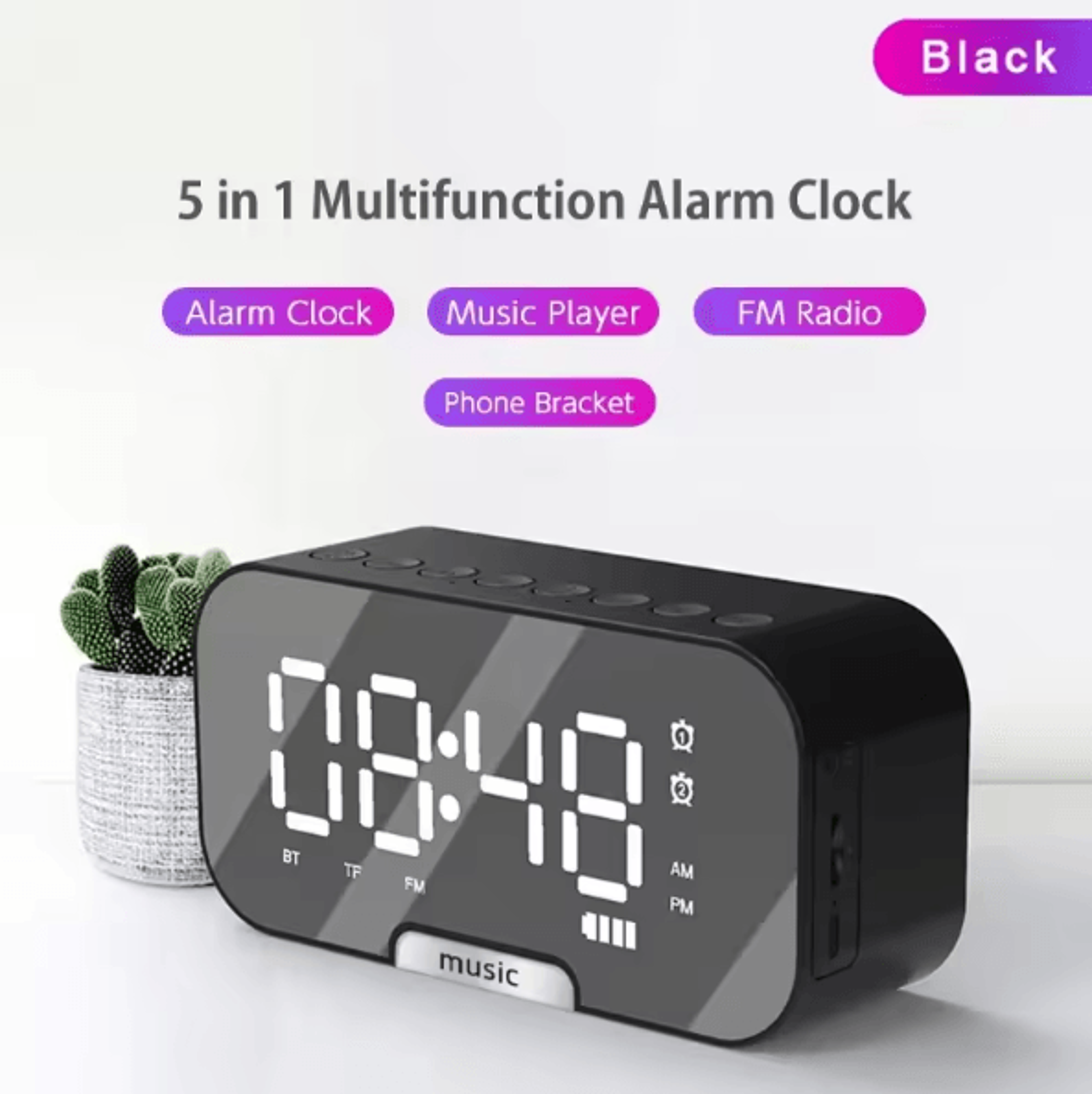 bluetooth speaker alarm clock with led mirror display – dual alarm fm radio & phone holder