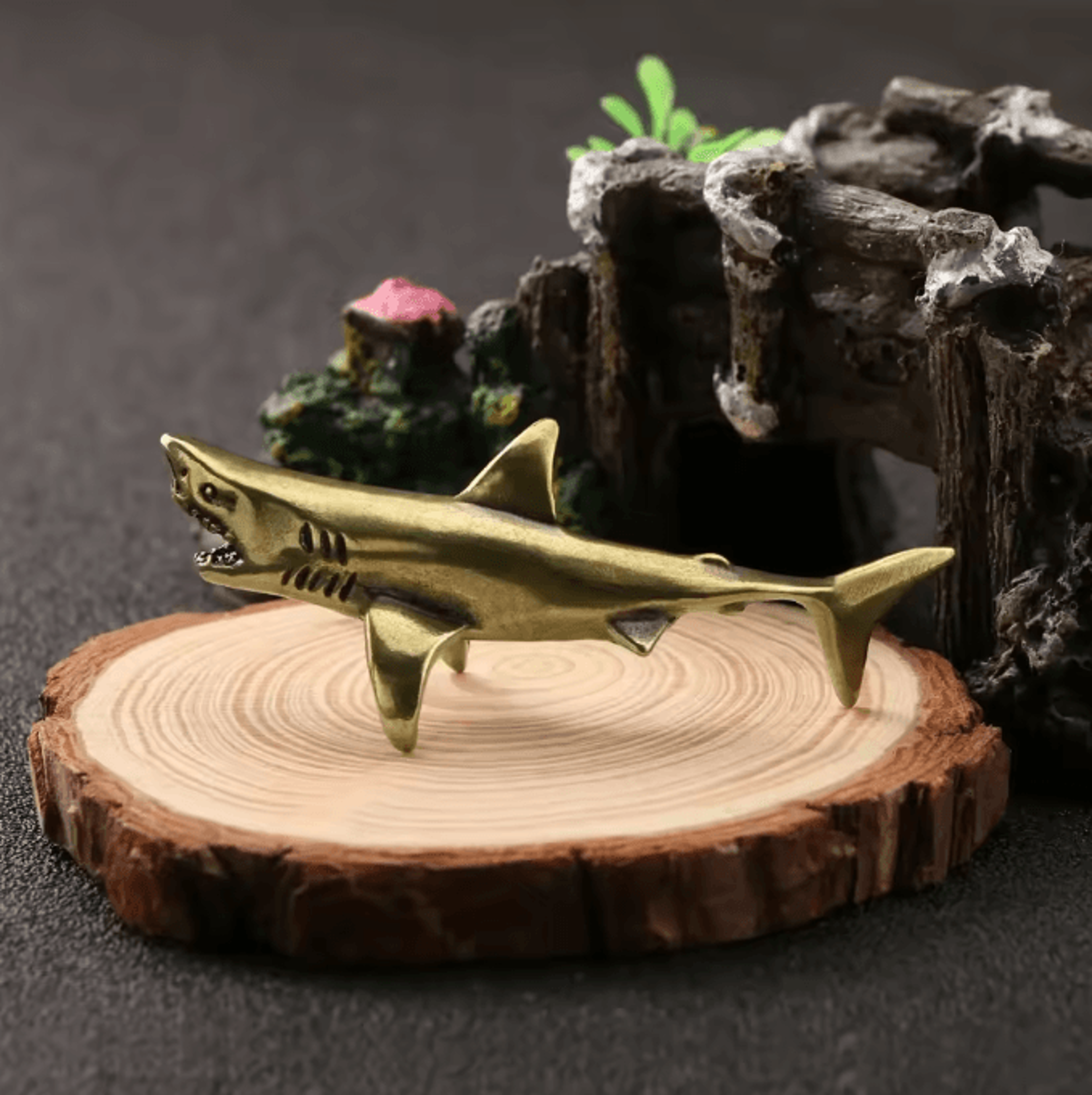 solid brass shark figurine ornament for desk decor tea pets and collectible display