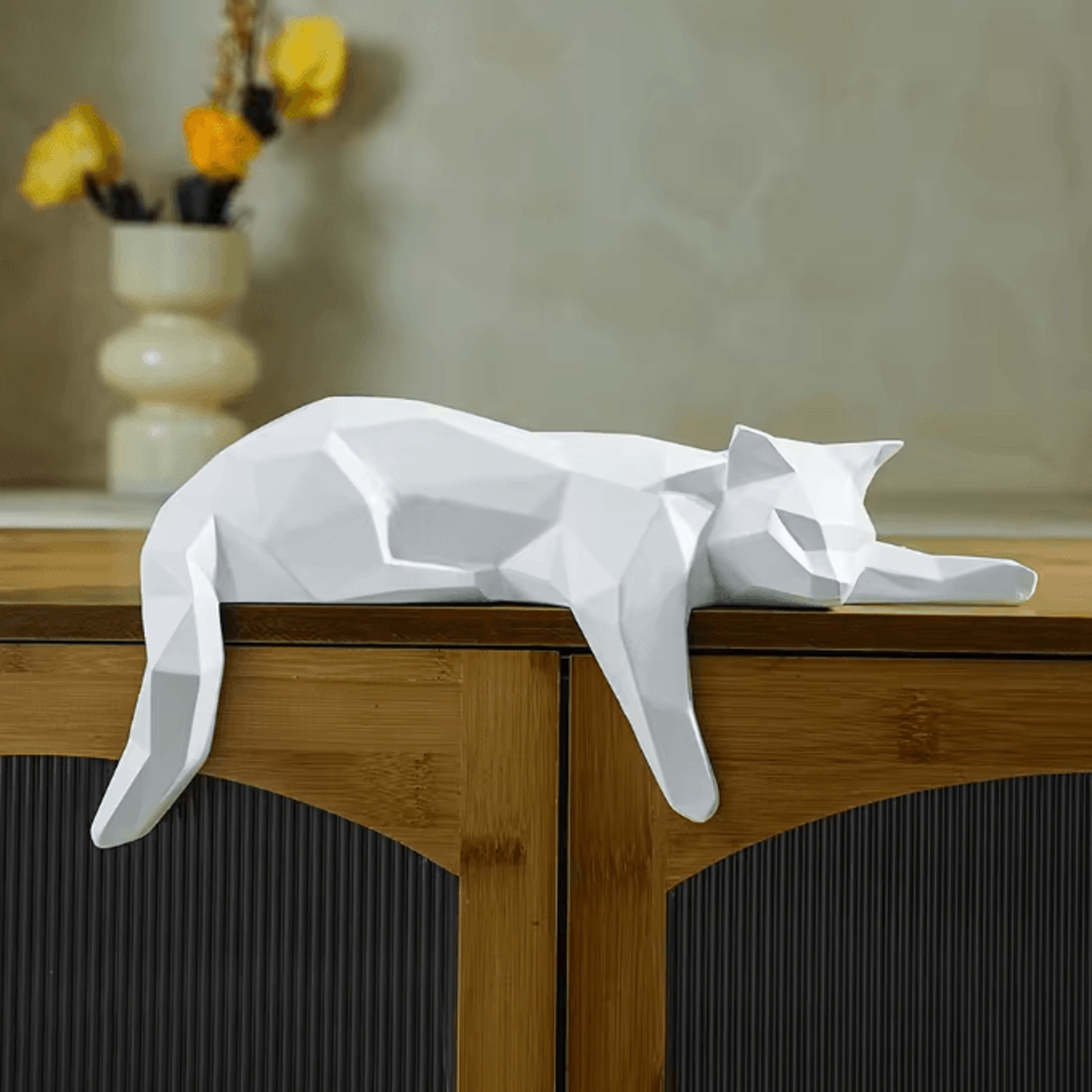 modern geometric black and white cat statue for home office and shelf decor