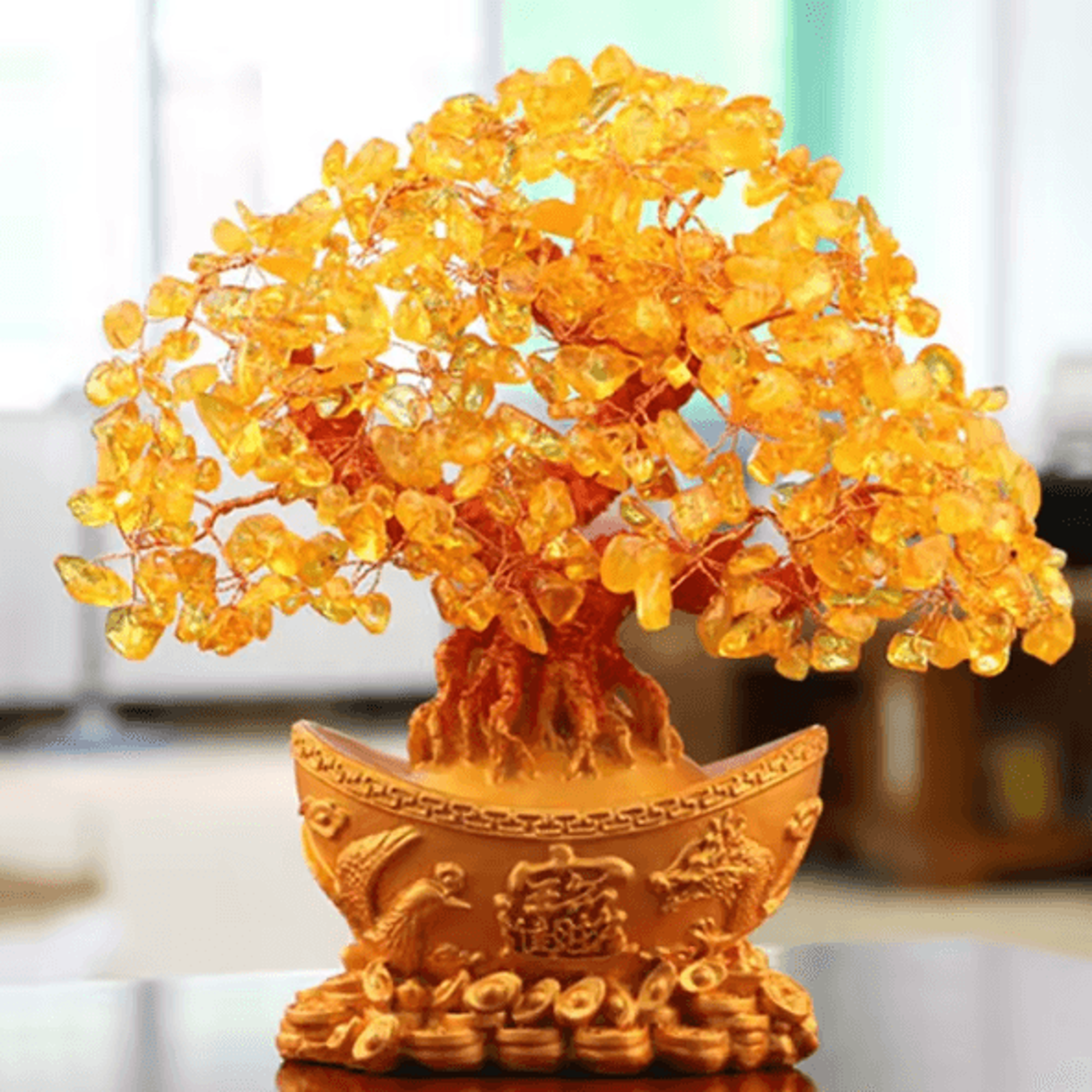 lucky crystal money tree ornament with gold ingot feng shui home and office decor