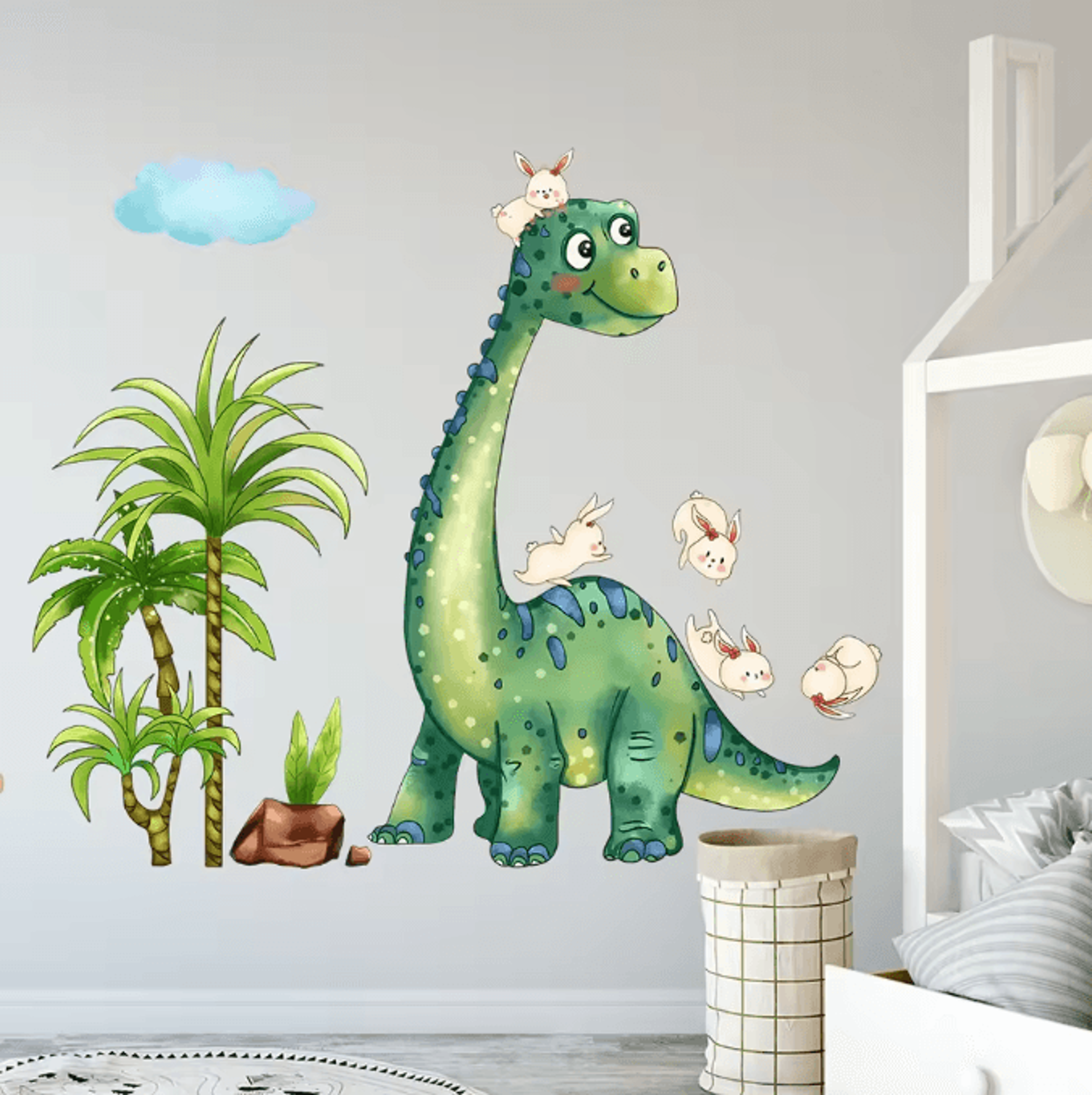 green dinosaur and rabbit wall stickers for kids bedroom and living room decor