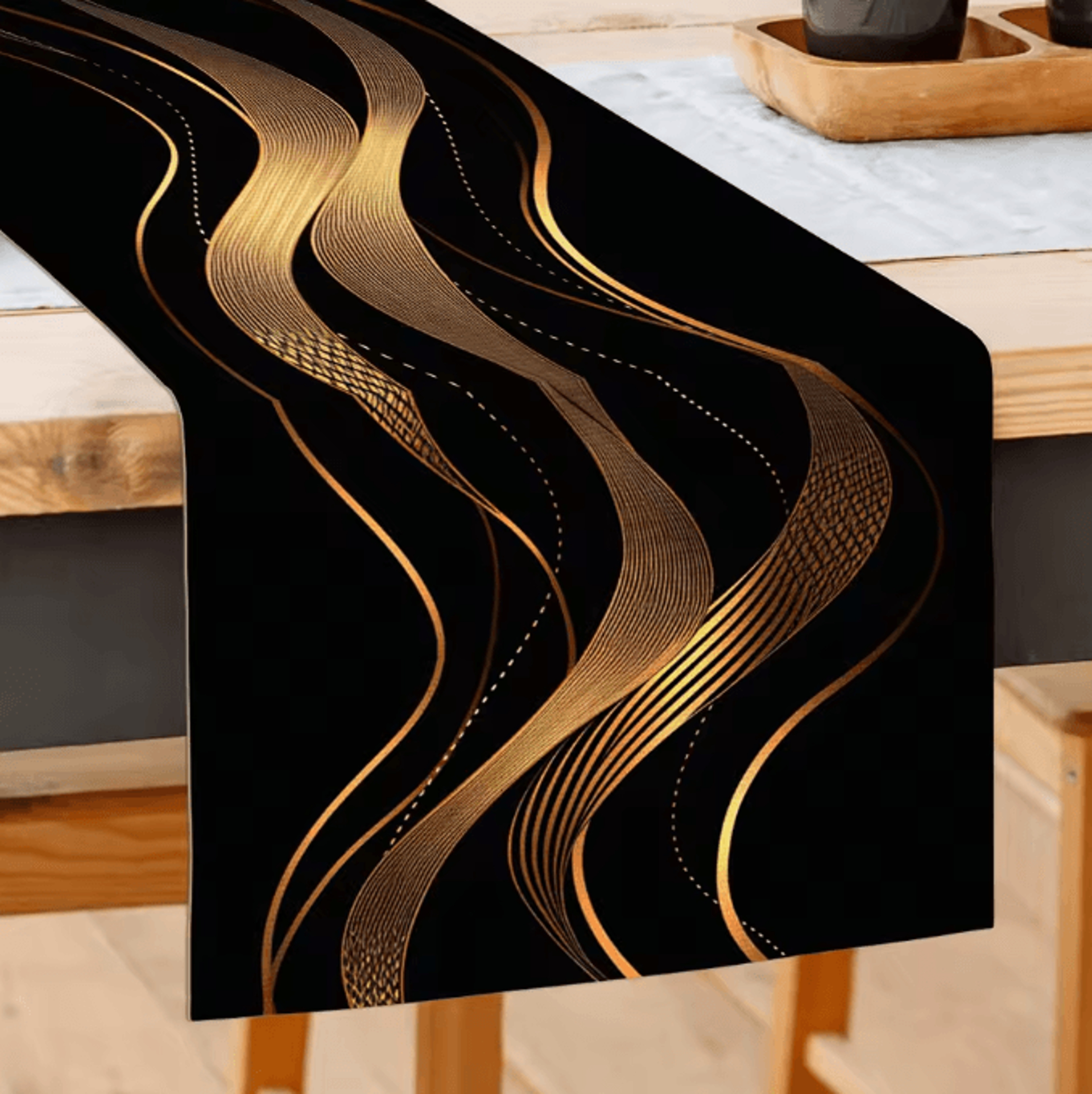 luxury black gold wave table runner for elegant dining and modern event decor