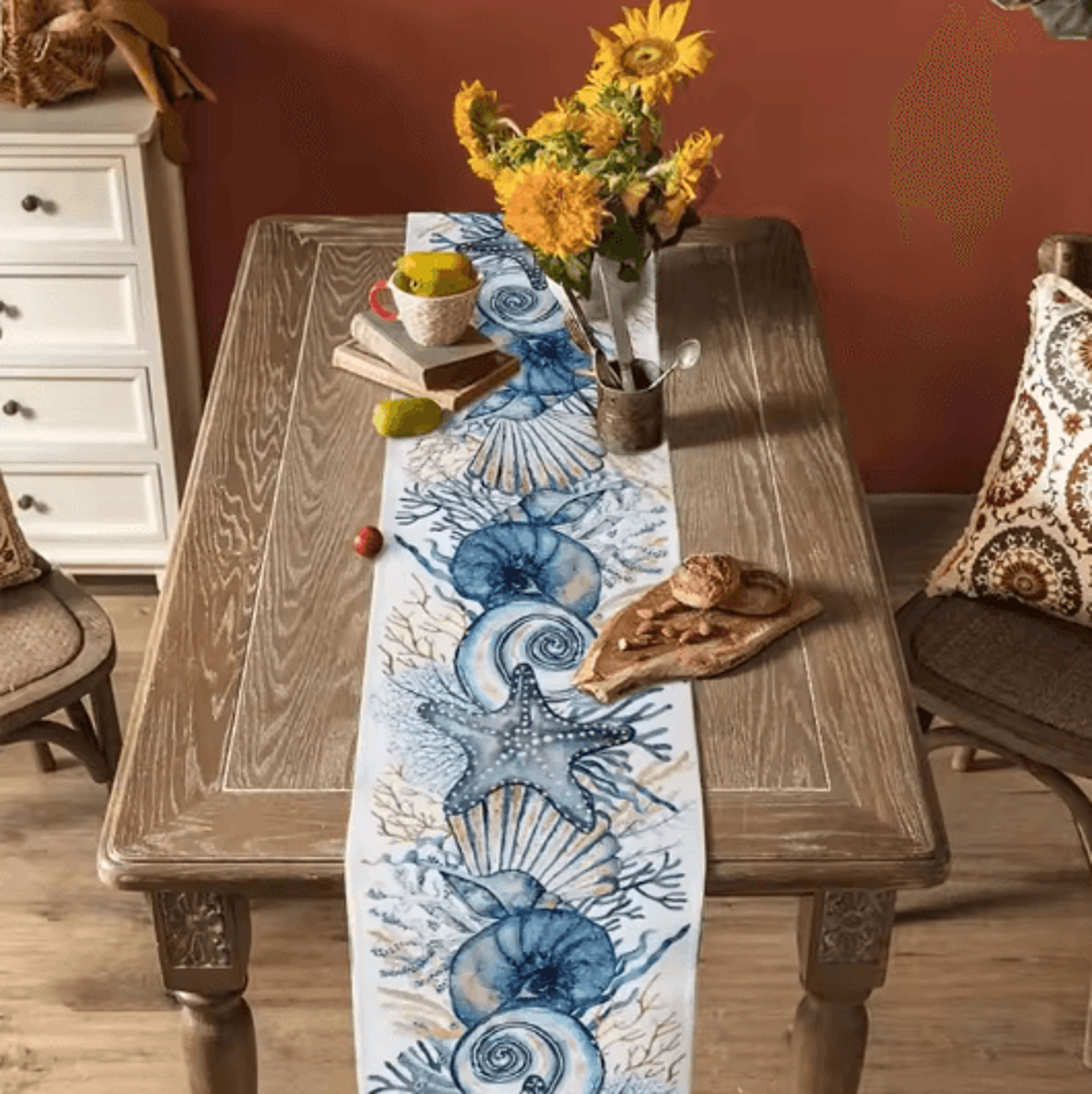 summer ocean coral linen table runner for coastal dining and home decor