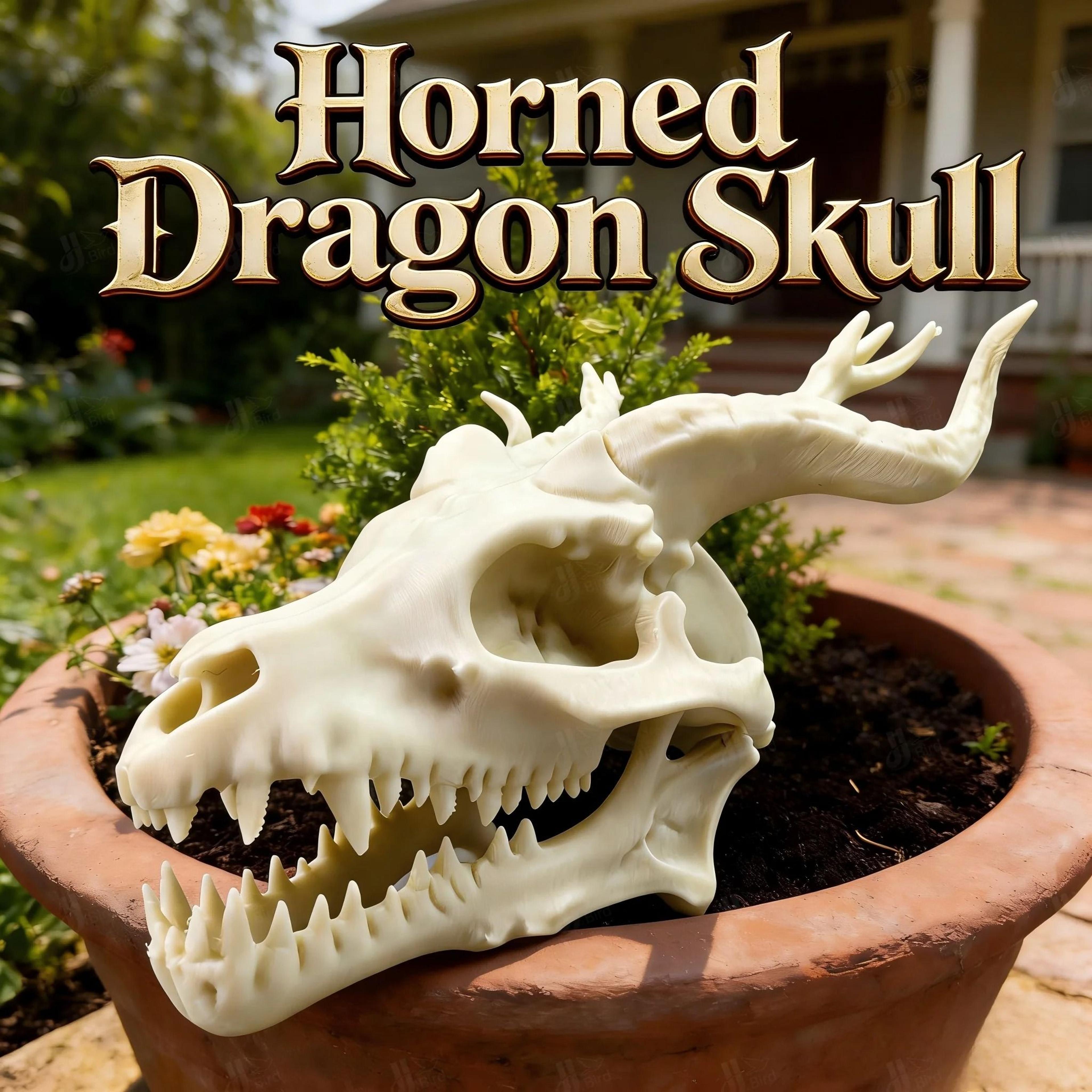 horned dragon skull garden decor sculpture