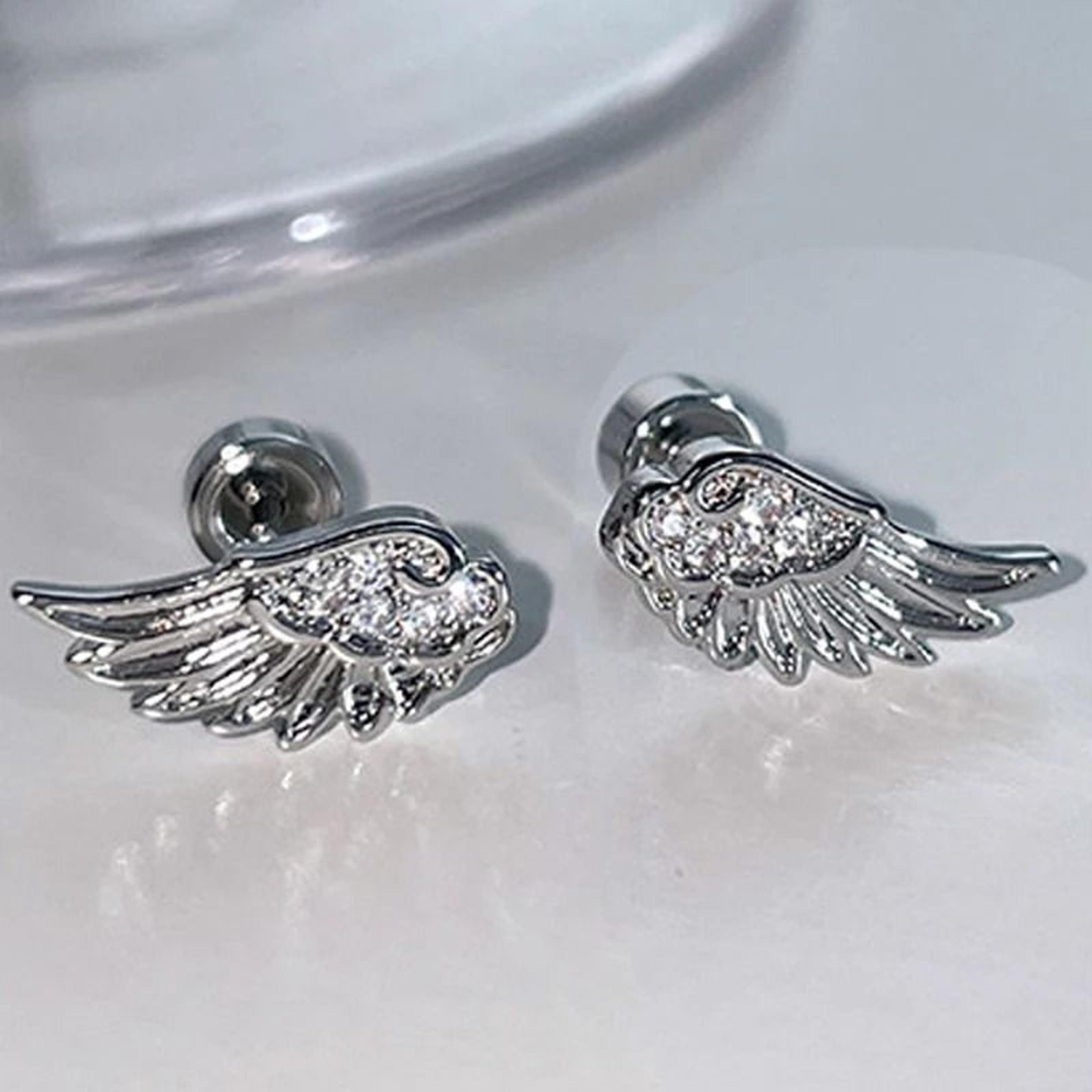 angel wing cross stud earrings with zircon crystal accents