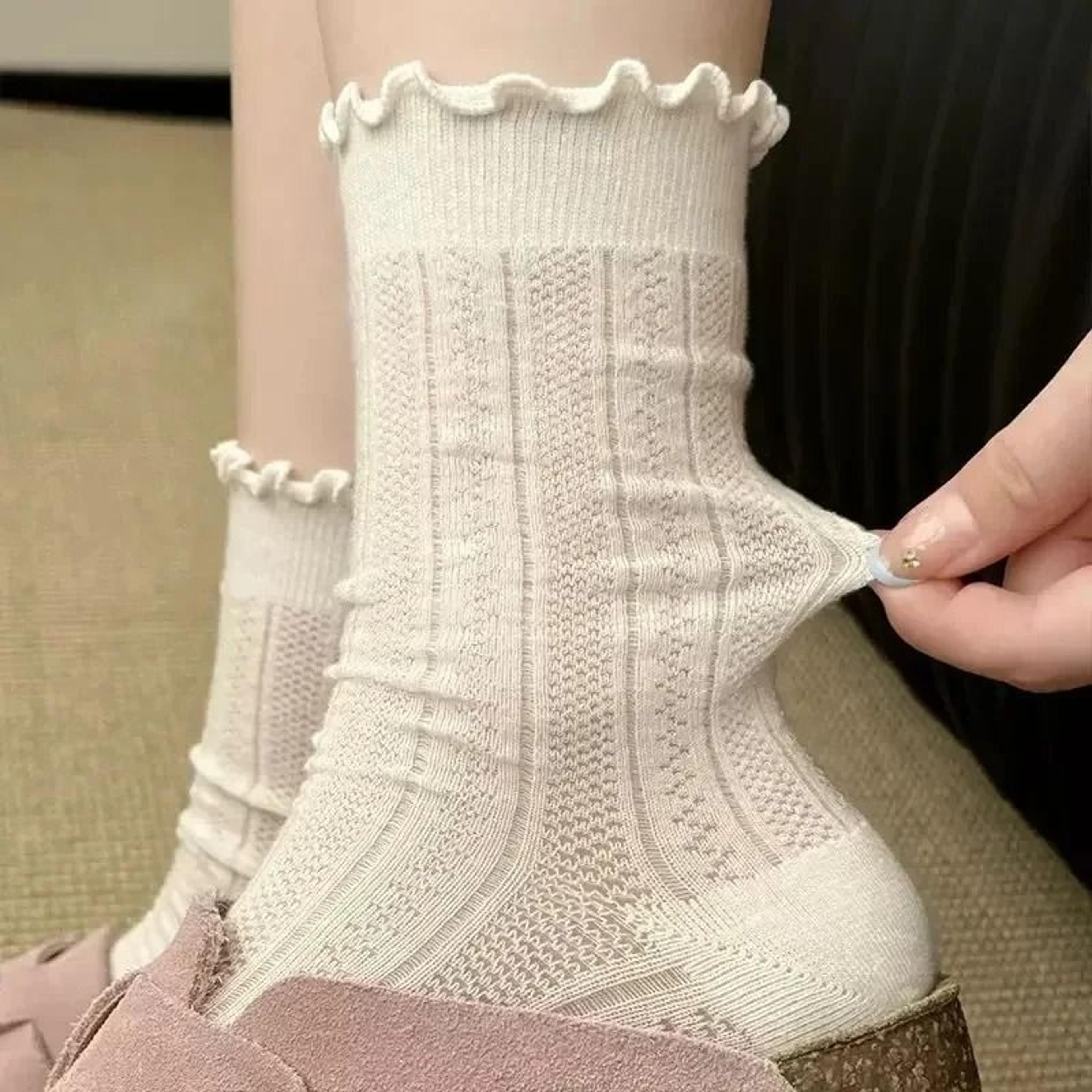womens hollow knit crew socks vintage breathable mid calf fashion socks