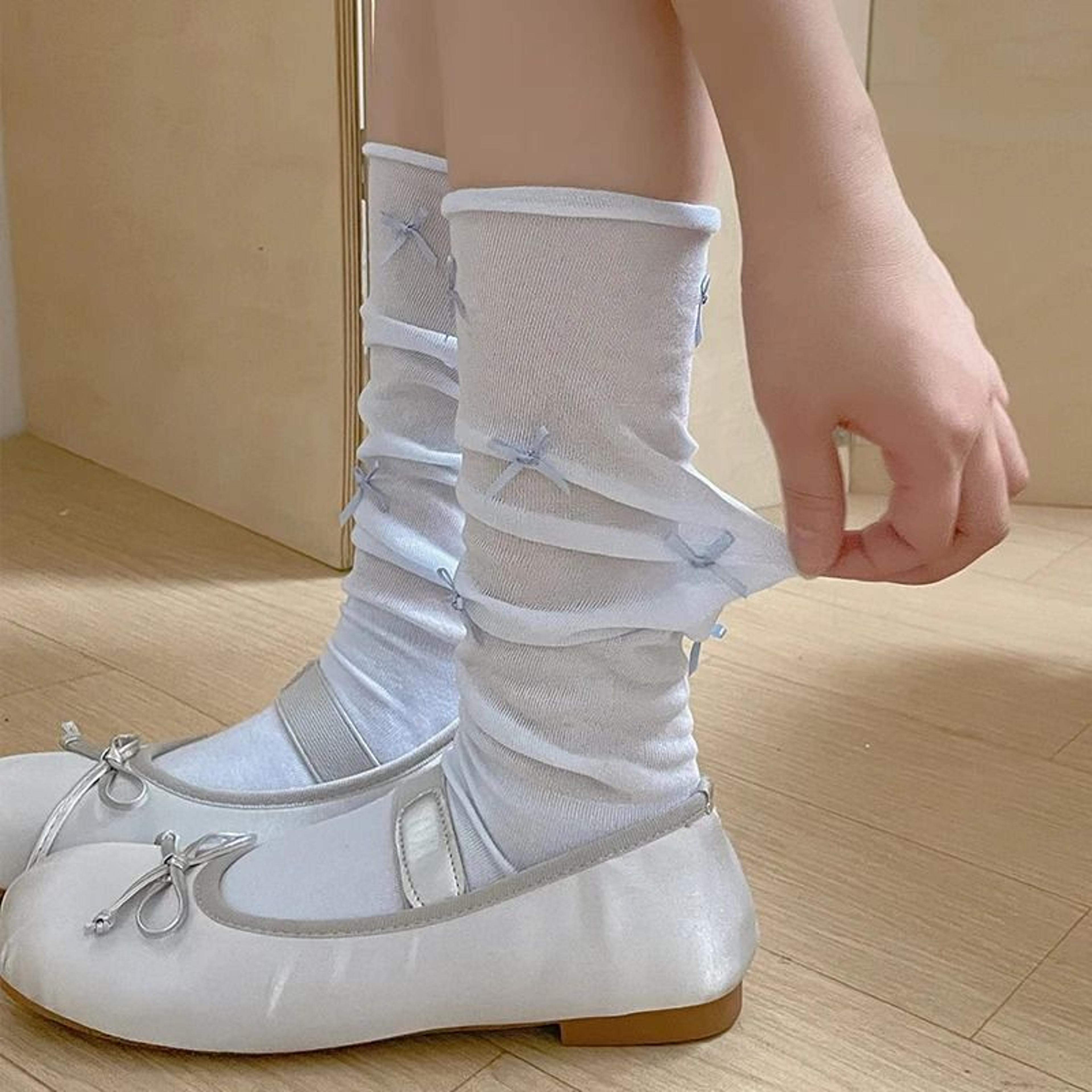 japanese style knee high mesh socks with bow accent for women