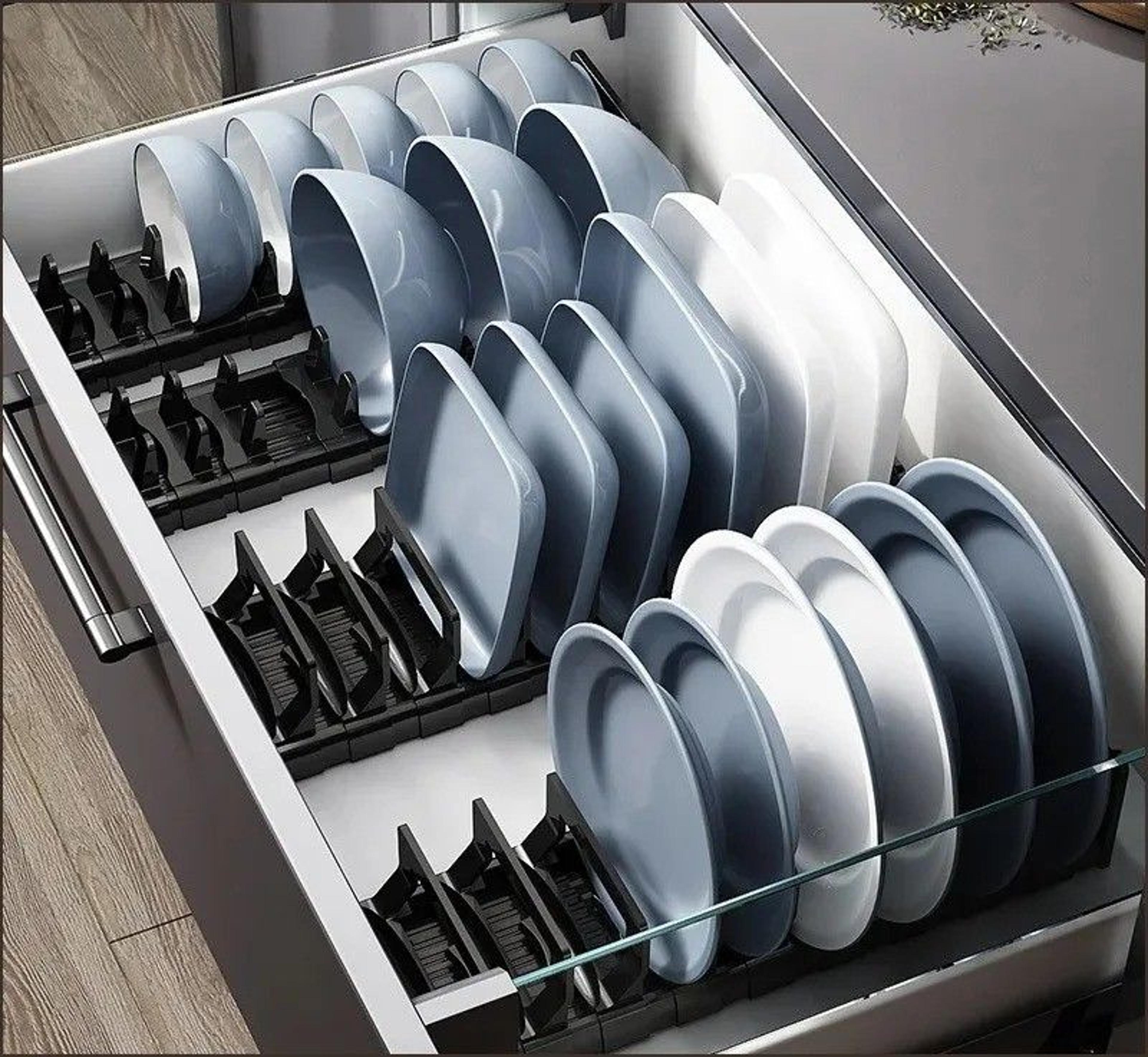 adjustable drawer plate and bowl organizer rack for kitchen cabinets