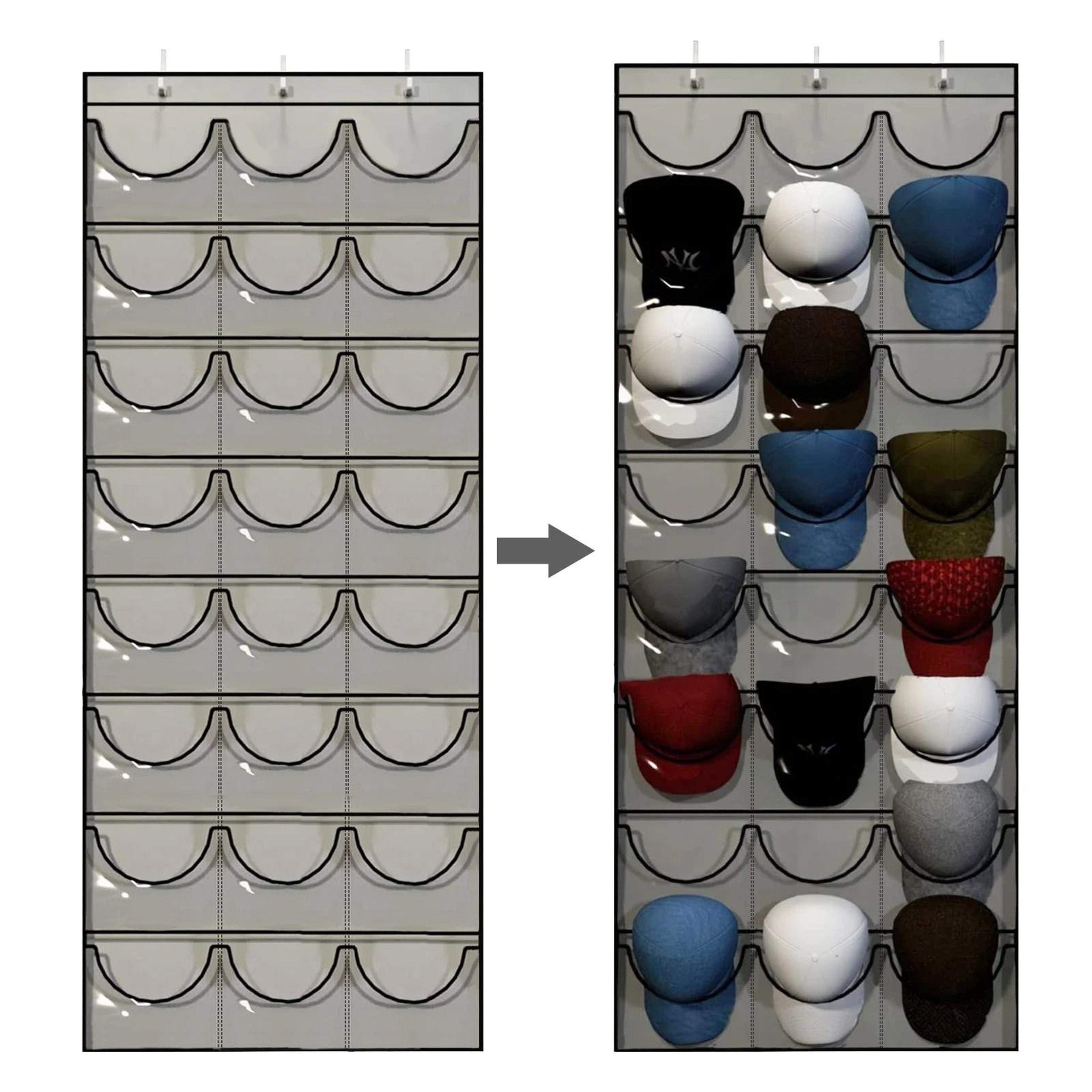 double sided hanging hat organizer with 36 clear storage pockets