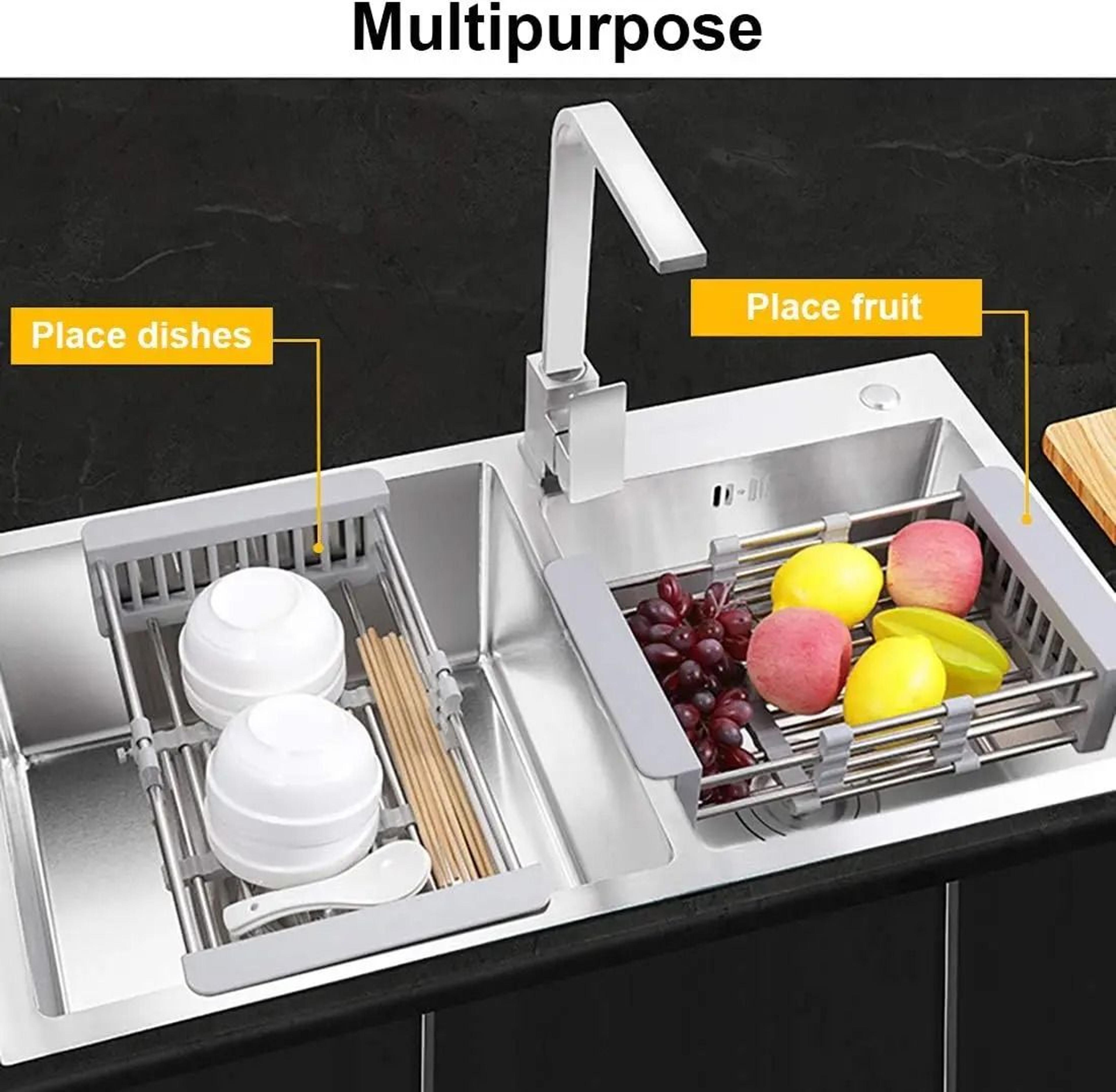 expandable dish drying rack with adjustable arms for sink and countertop use
