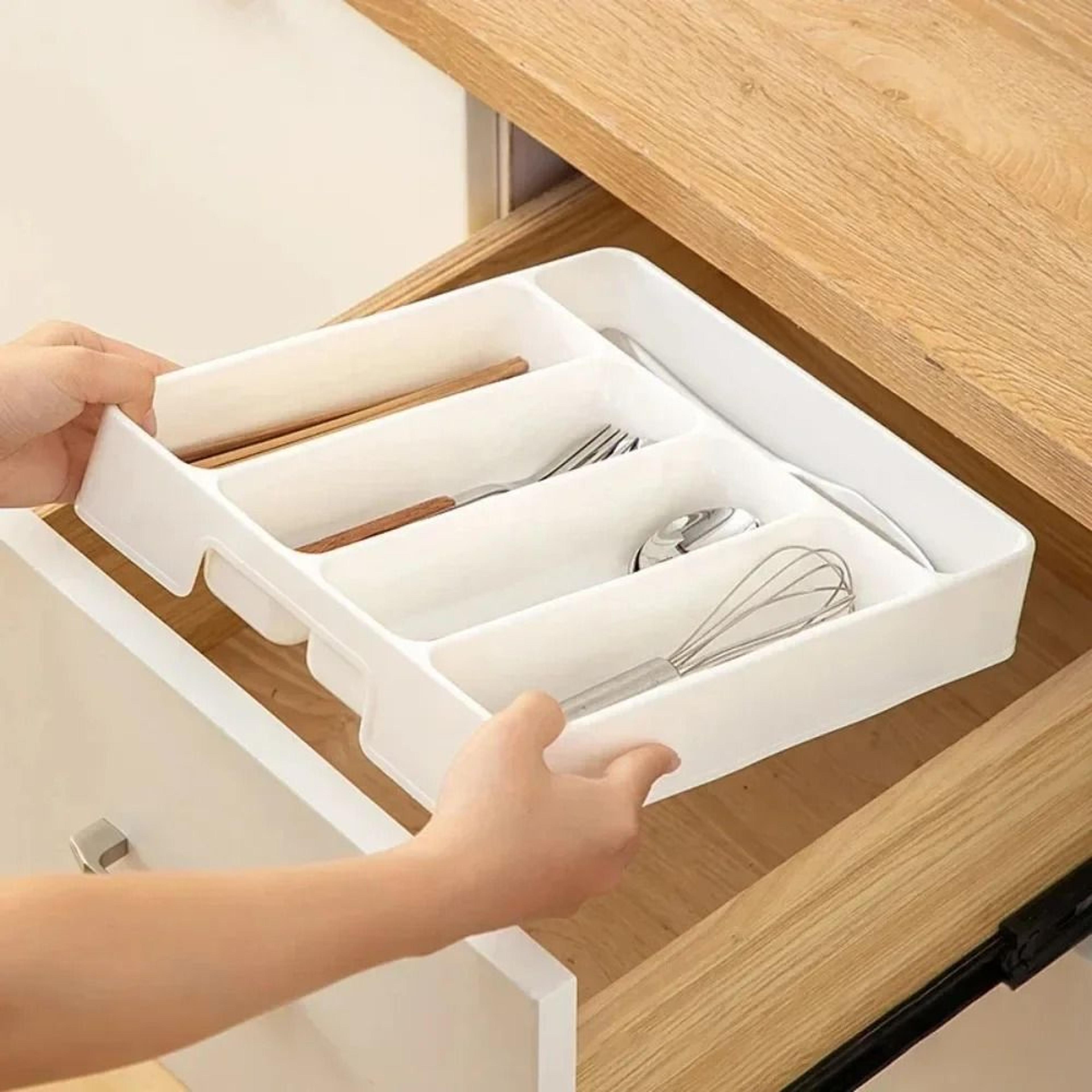 cutlery organizer drawer tray with 4 or 5 compartments for kitchen utensil storage