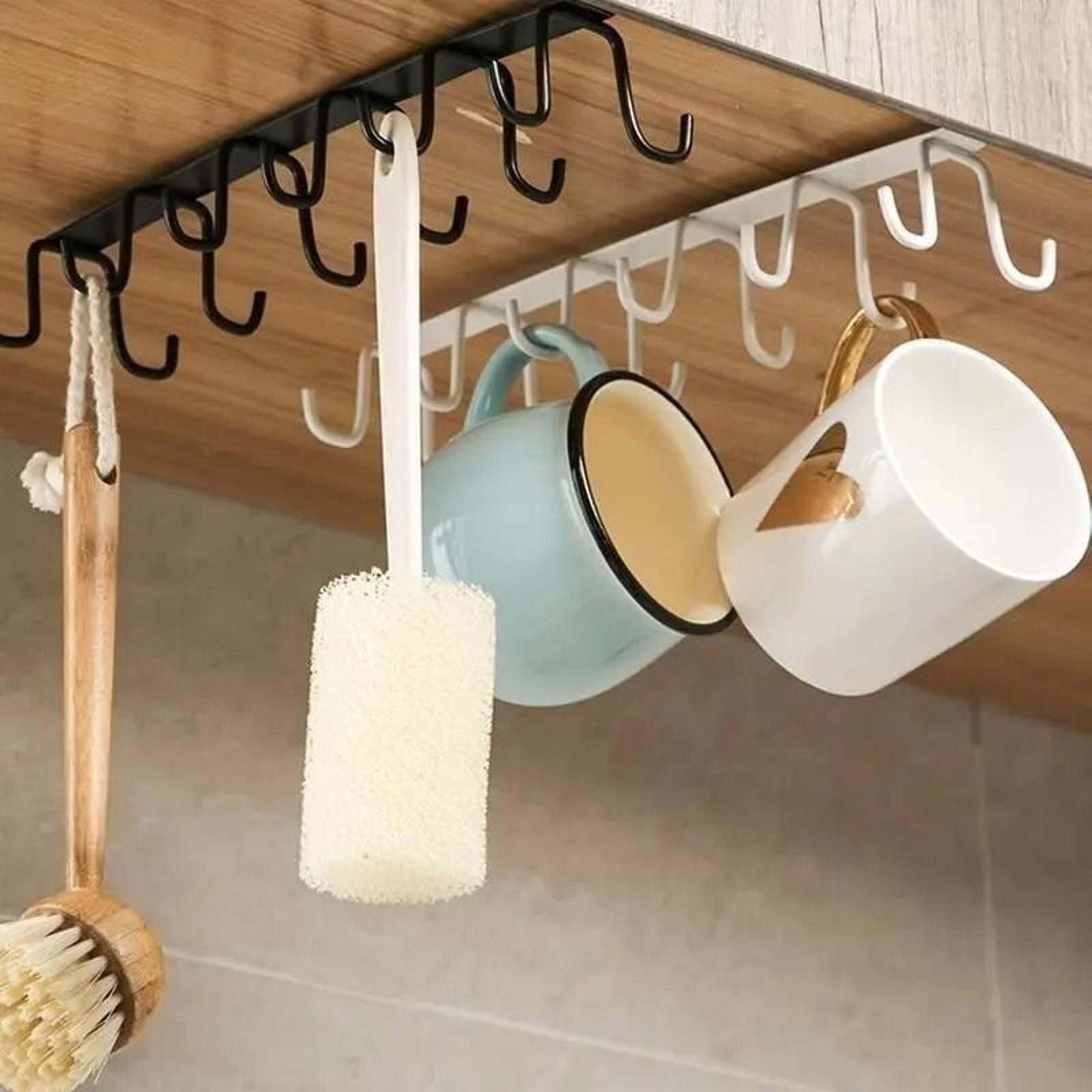 double row under cabinet cup holder rack punch free hanging mug organizer with 6 hooks for kitchen and bathroom storage