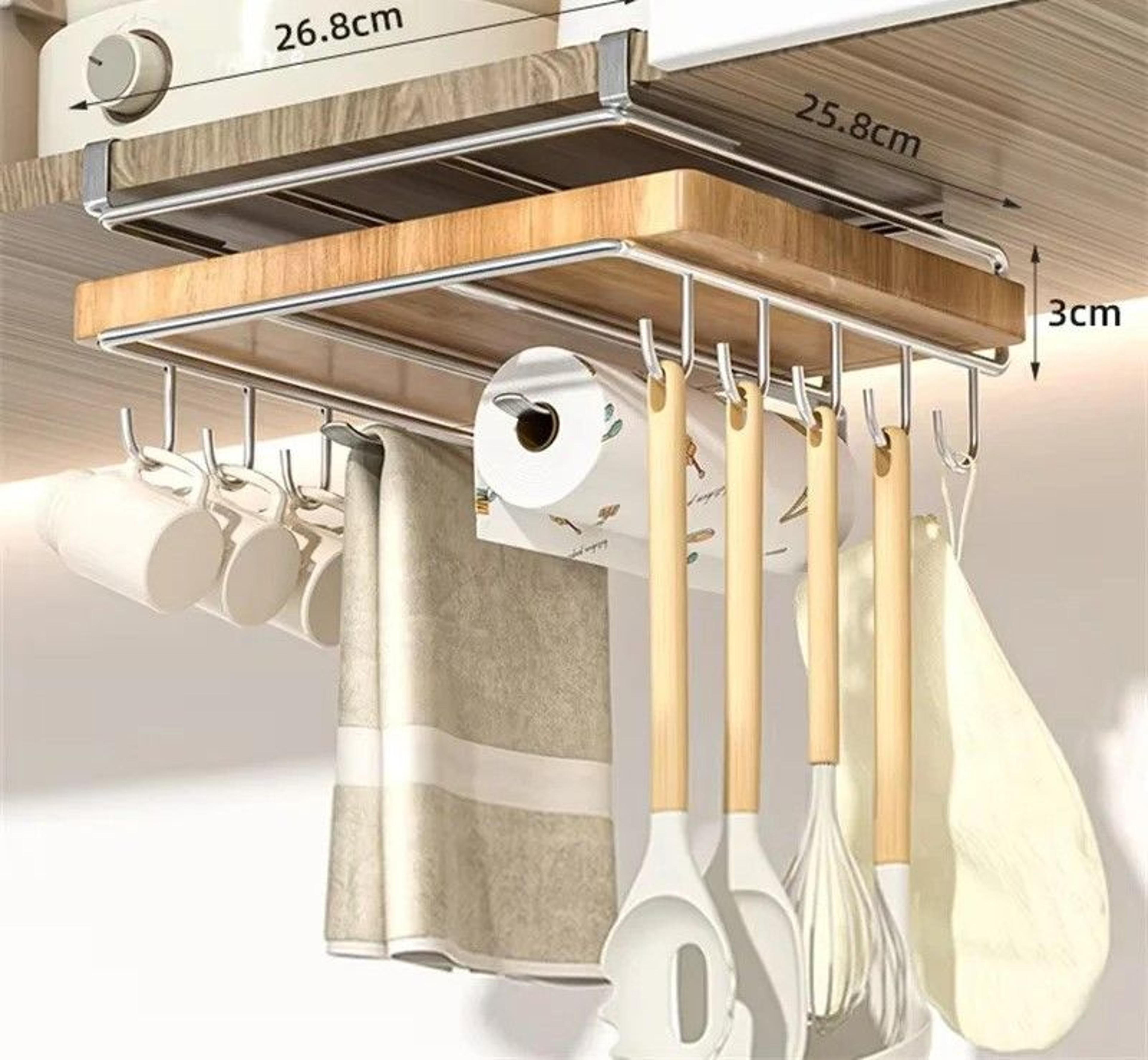 stainless steel over cabinet organizer rack with hooks and towel holder