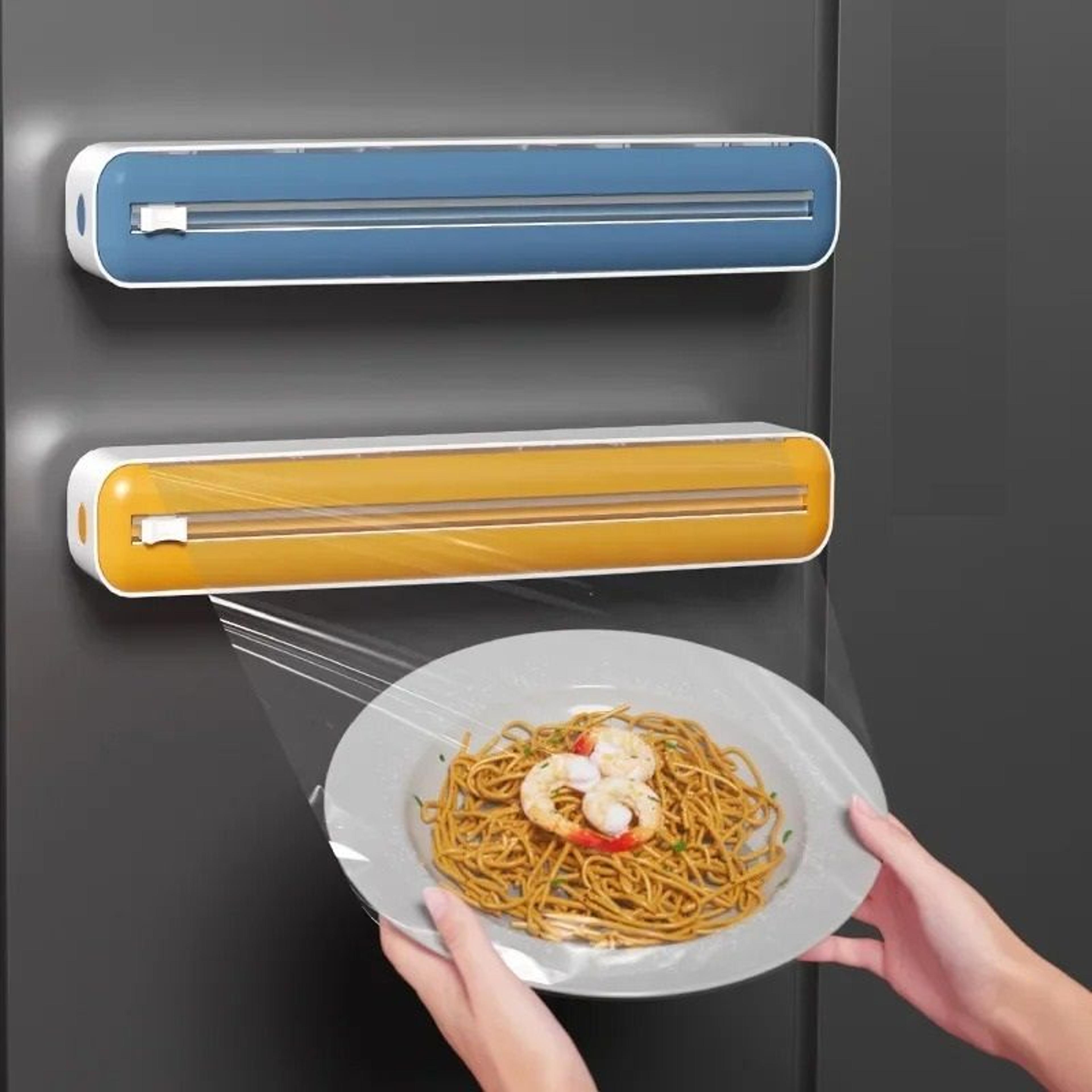kitchen food wrap organizer with sliding cutter and foil storage box