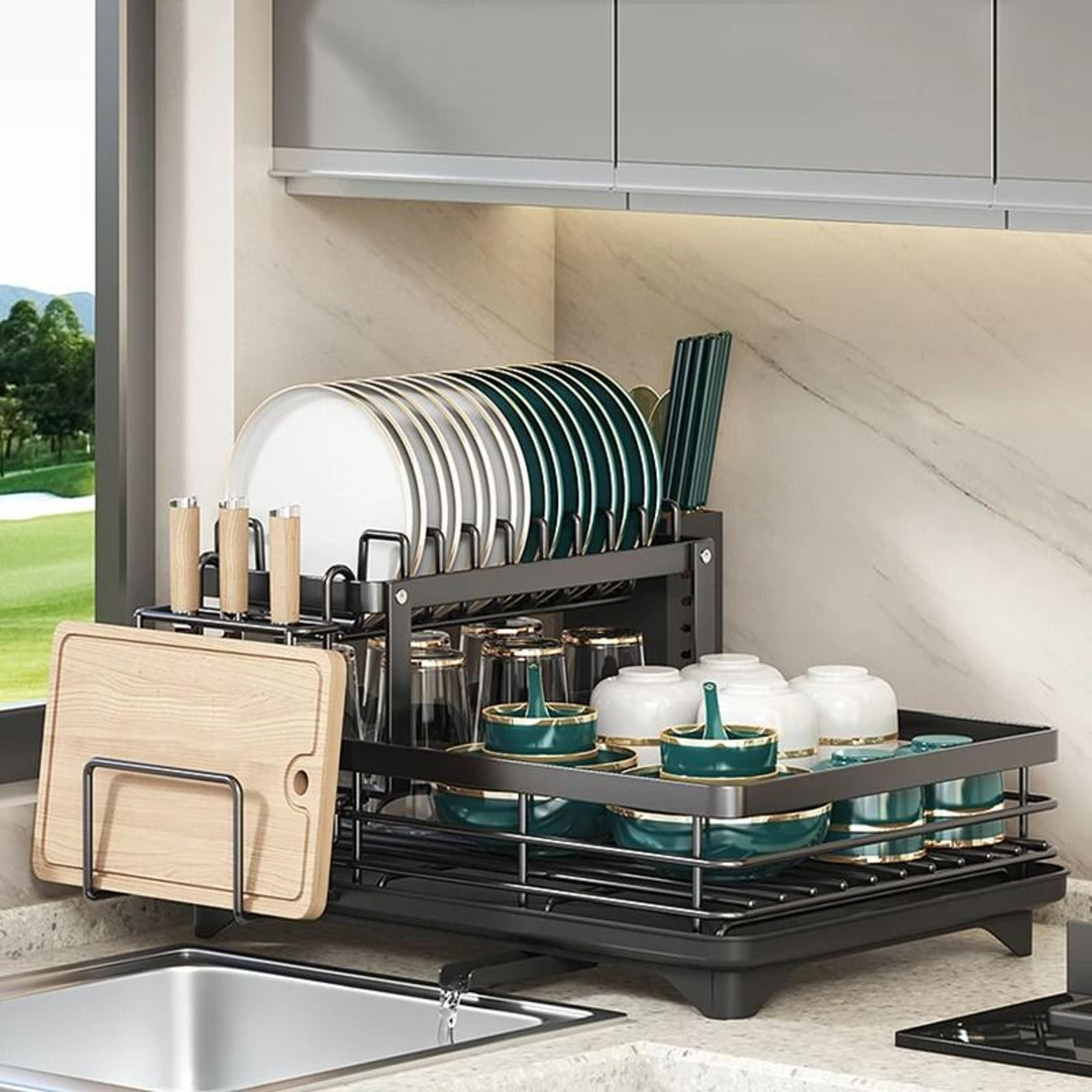 carbon steel dish drying rack with drain tray kitchen counter organizer
