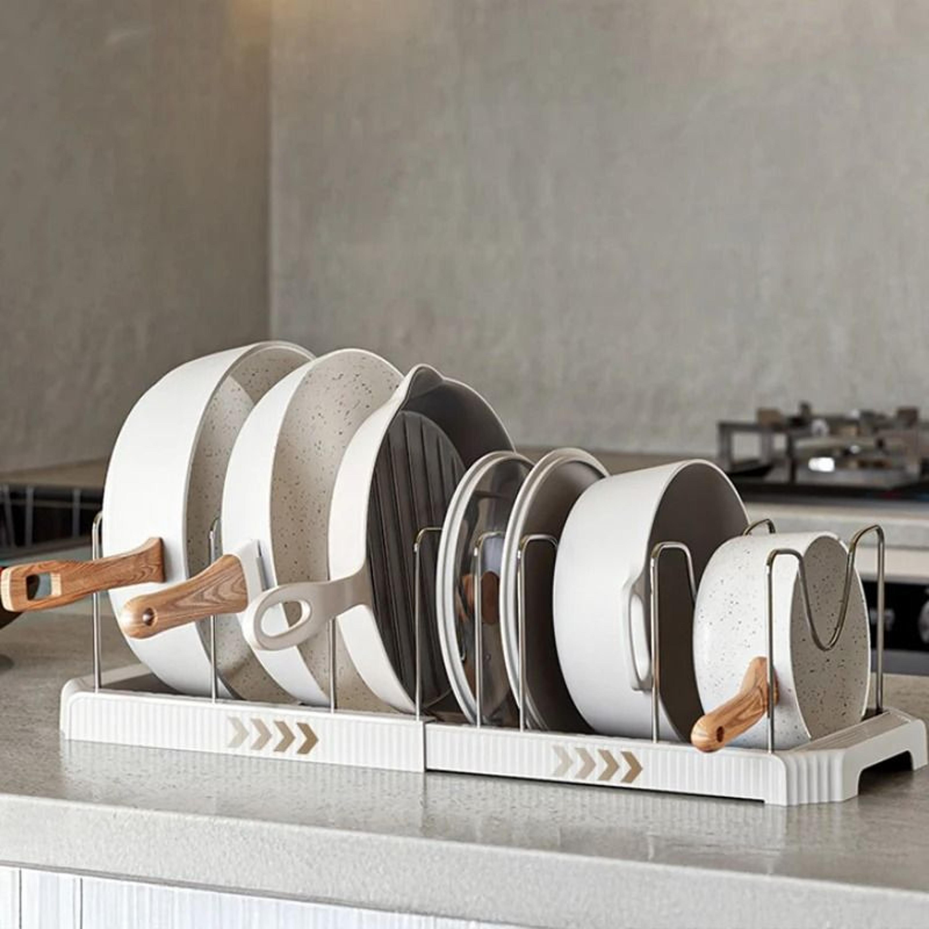 expandable kitchen dish rack adjustable pot lid and cookware storage organizer