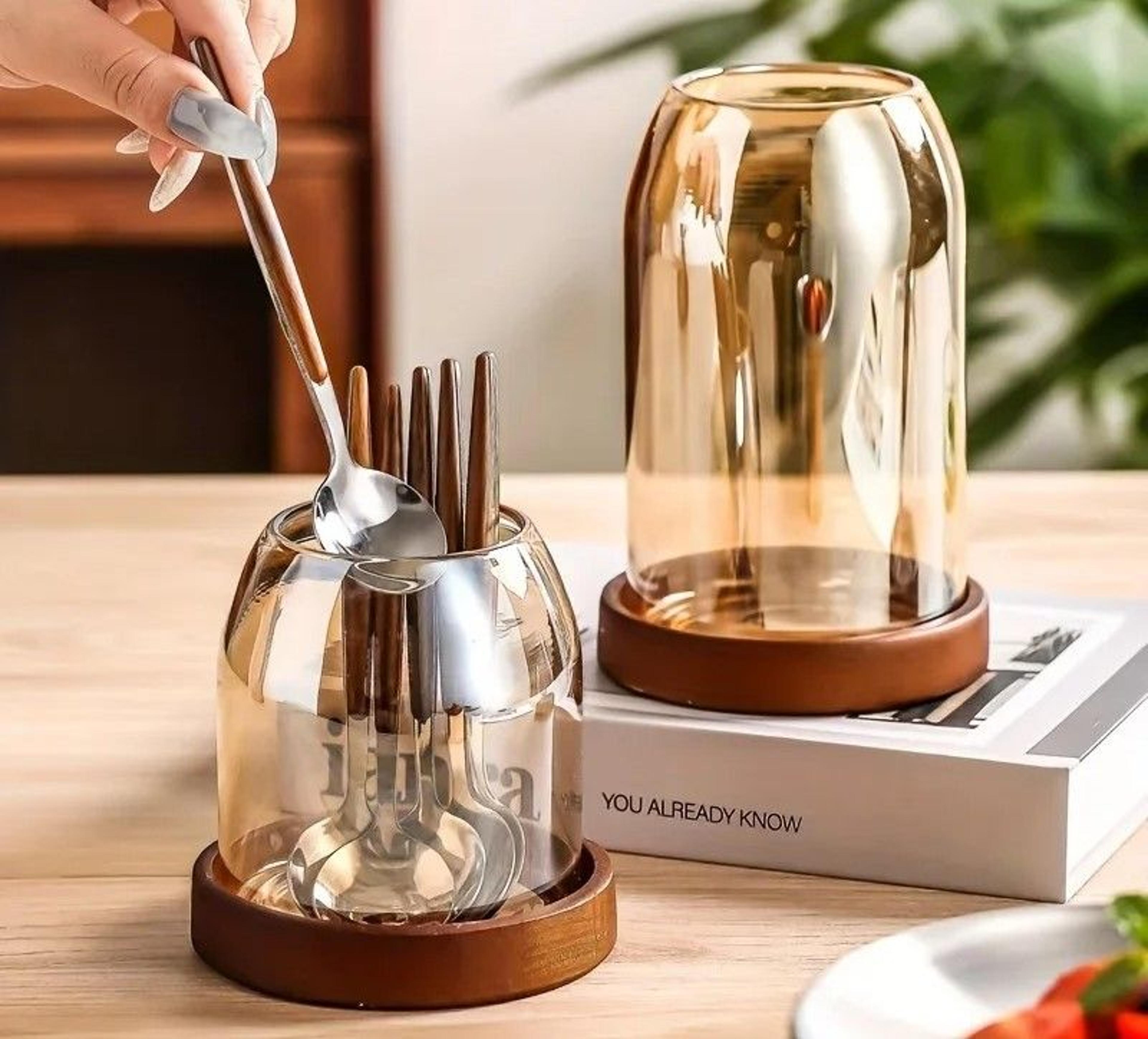 kitchen utensil holder organizer with drain tray for chopsticks, spoons, forks & cutlery