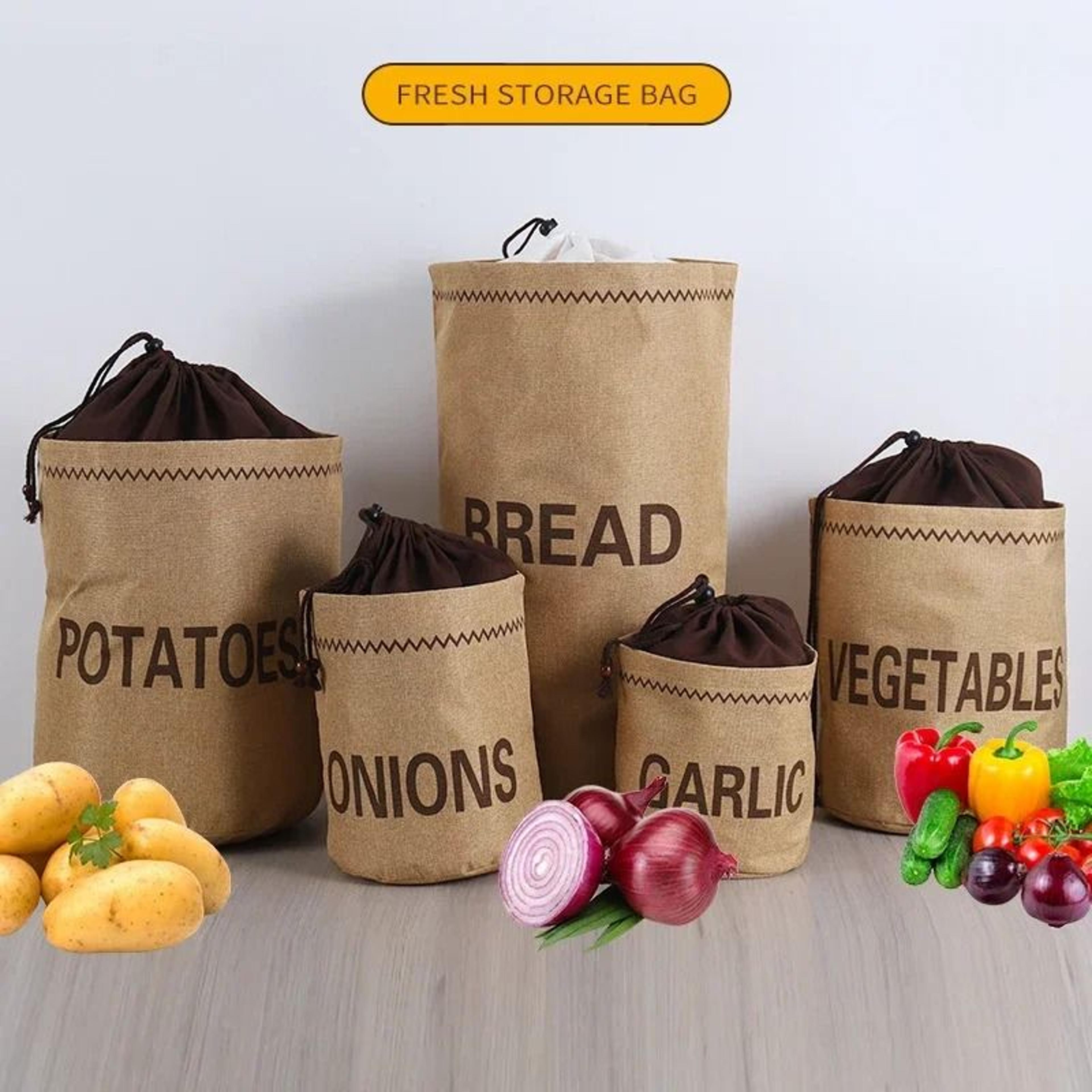 reusable burlap produce storage bag for potatoes, onions, garlic & bread organization