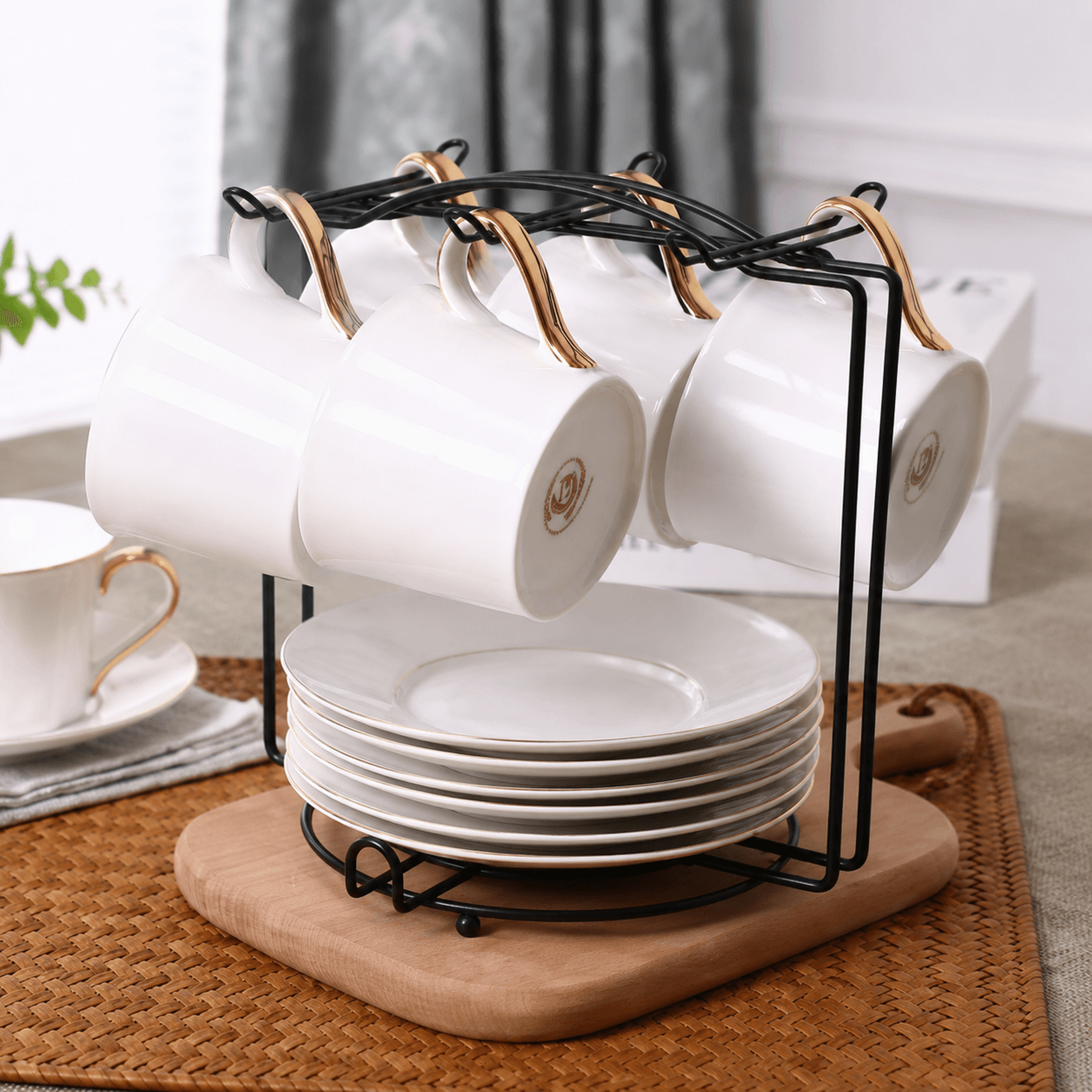 metal coffee mug holder stand with saucer storage rack for kitchen countertops