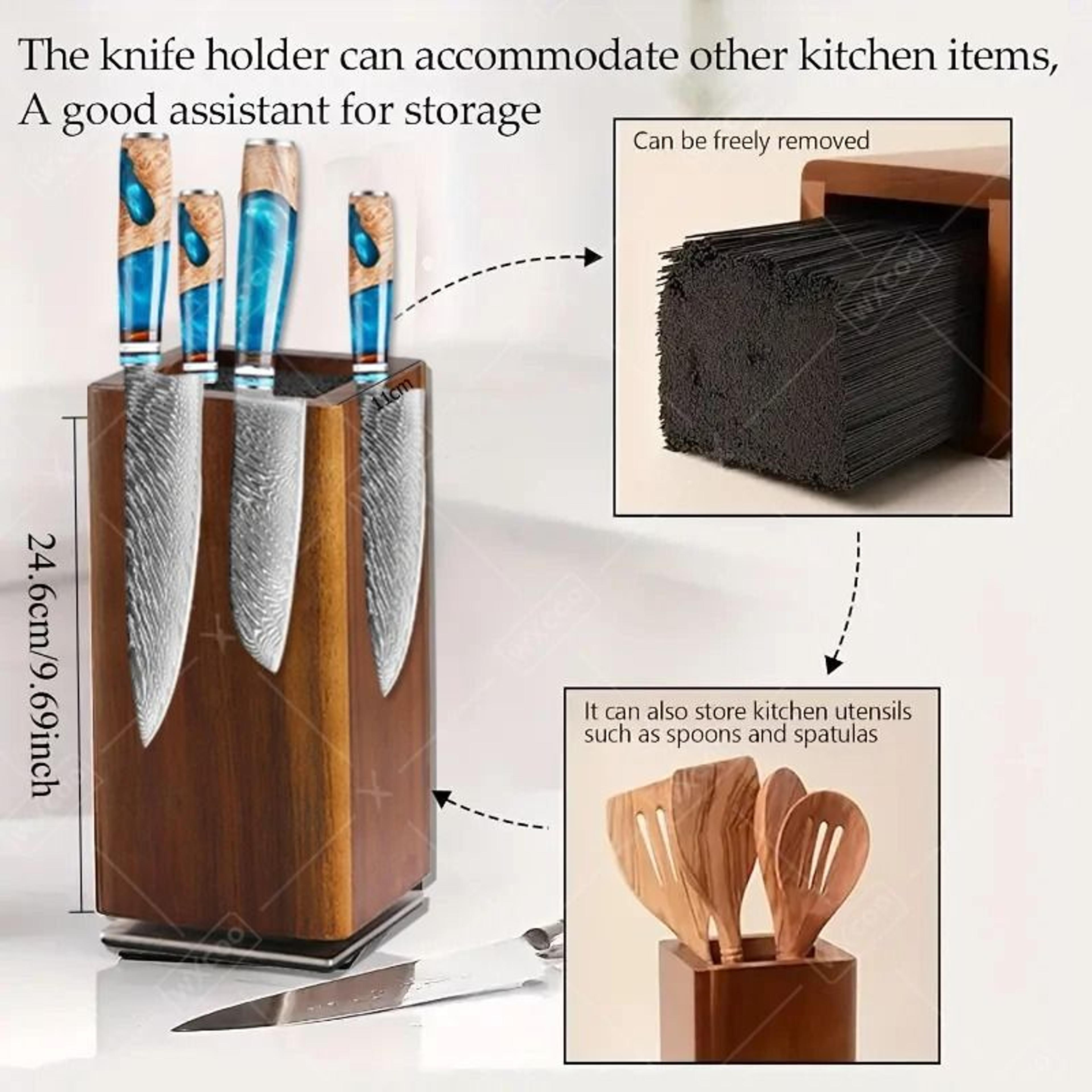 360° rotating magnetic knife holder with acacia wood block for kitchen countertops