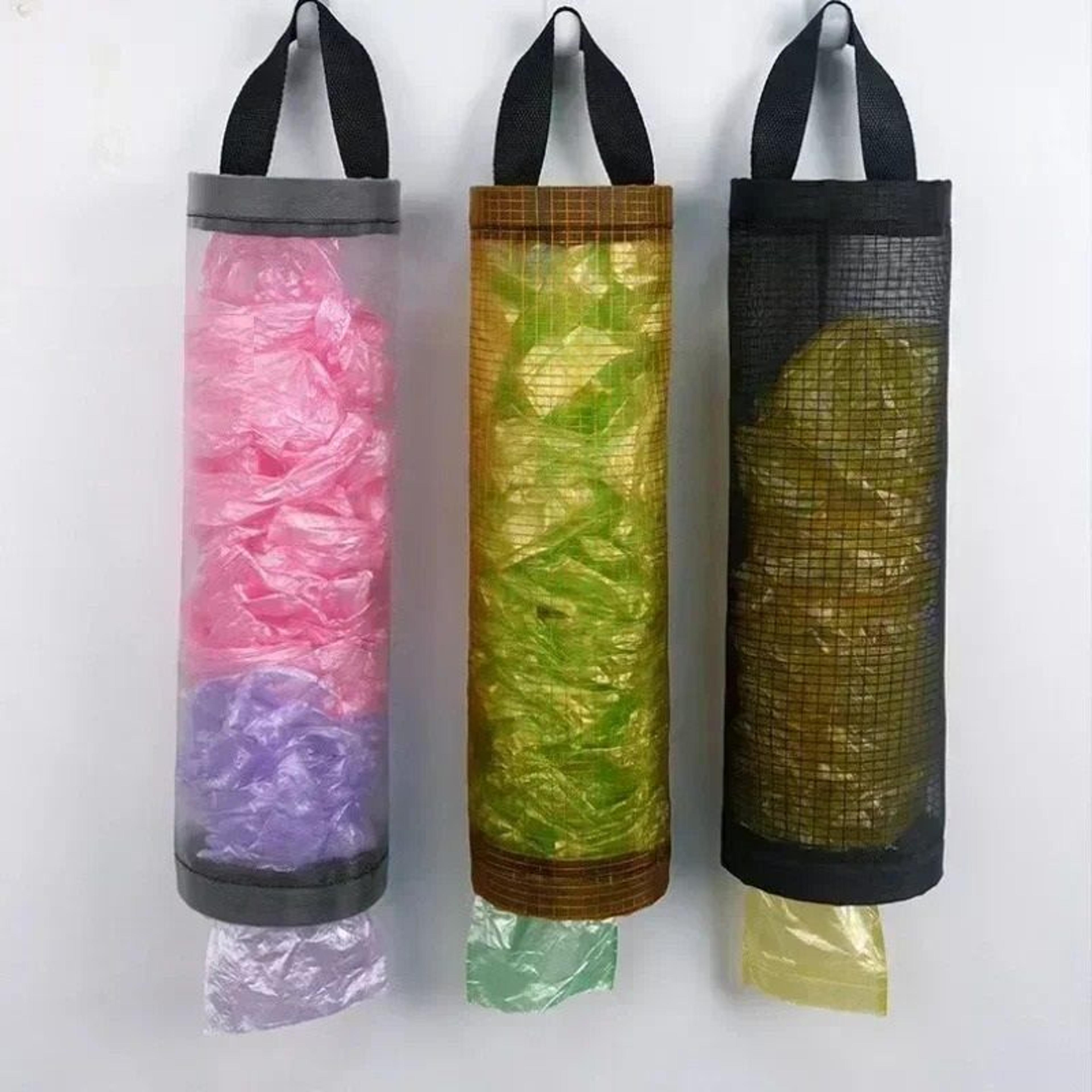 wall mounted grocery bag holder & trash bag dispenser for kitchen organization