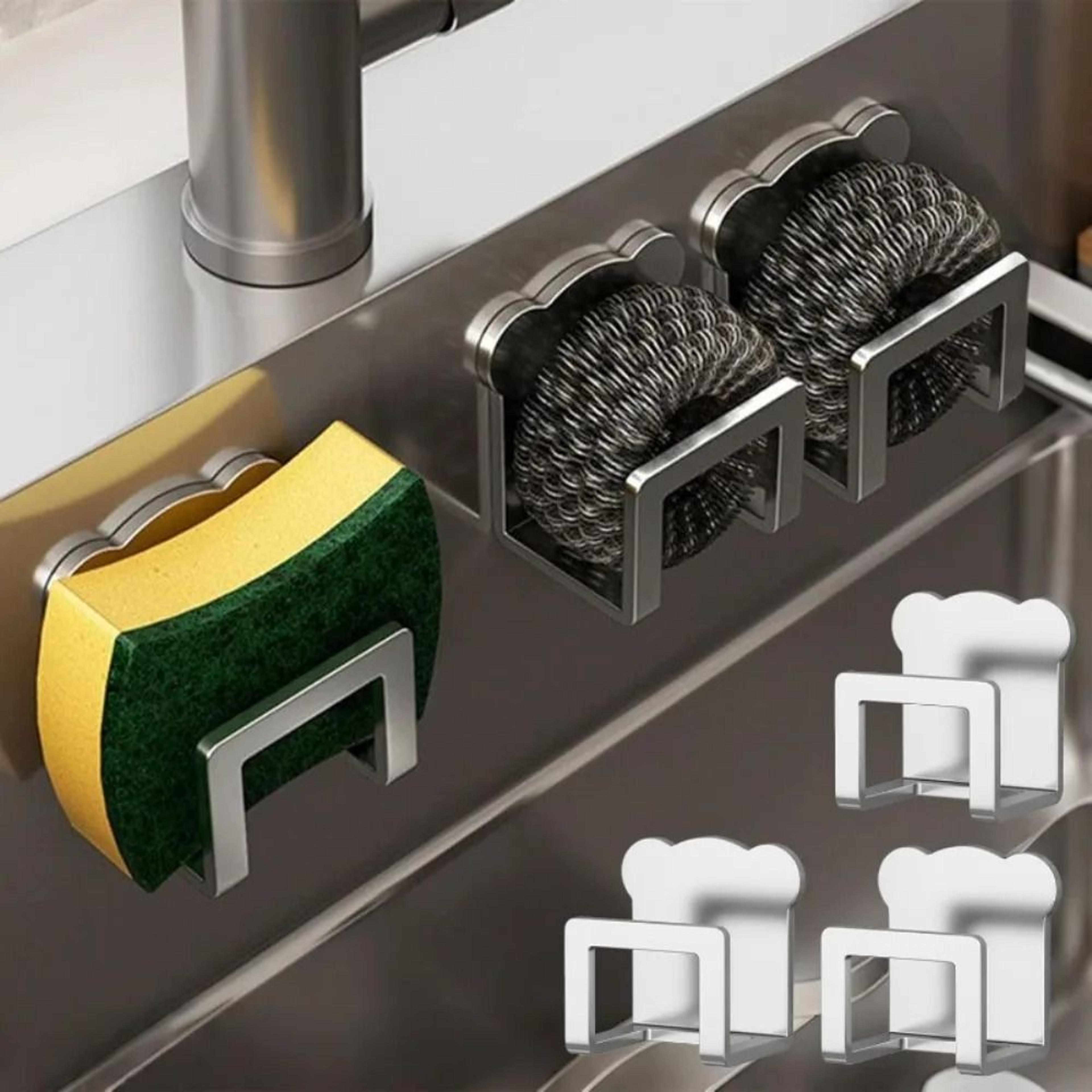 stainless steel sponge holder with self adhesive mount for kitchen sink organization