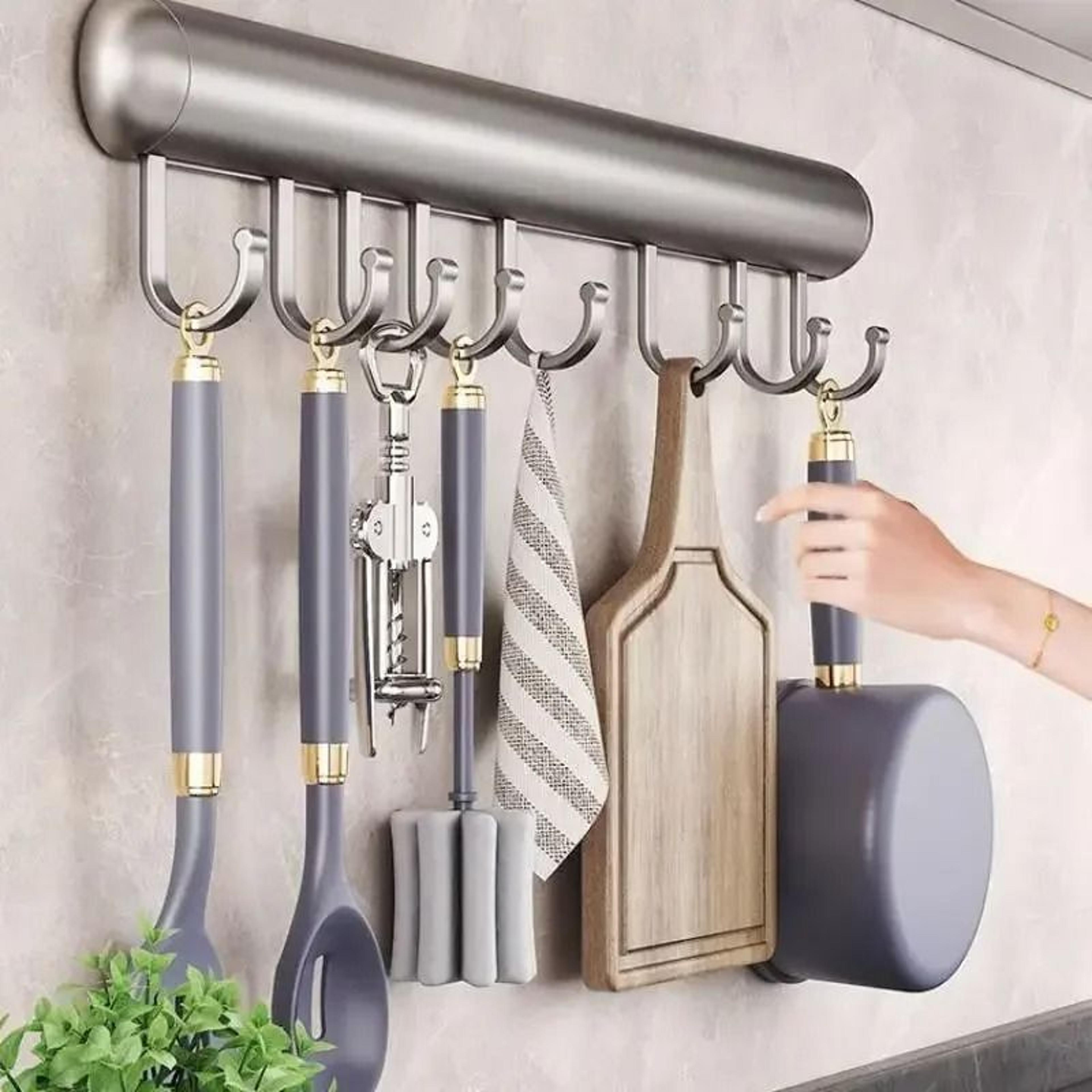 wall mounted kitchen utensil rack with movable hooks for pots, spoons & cooking tools