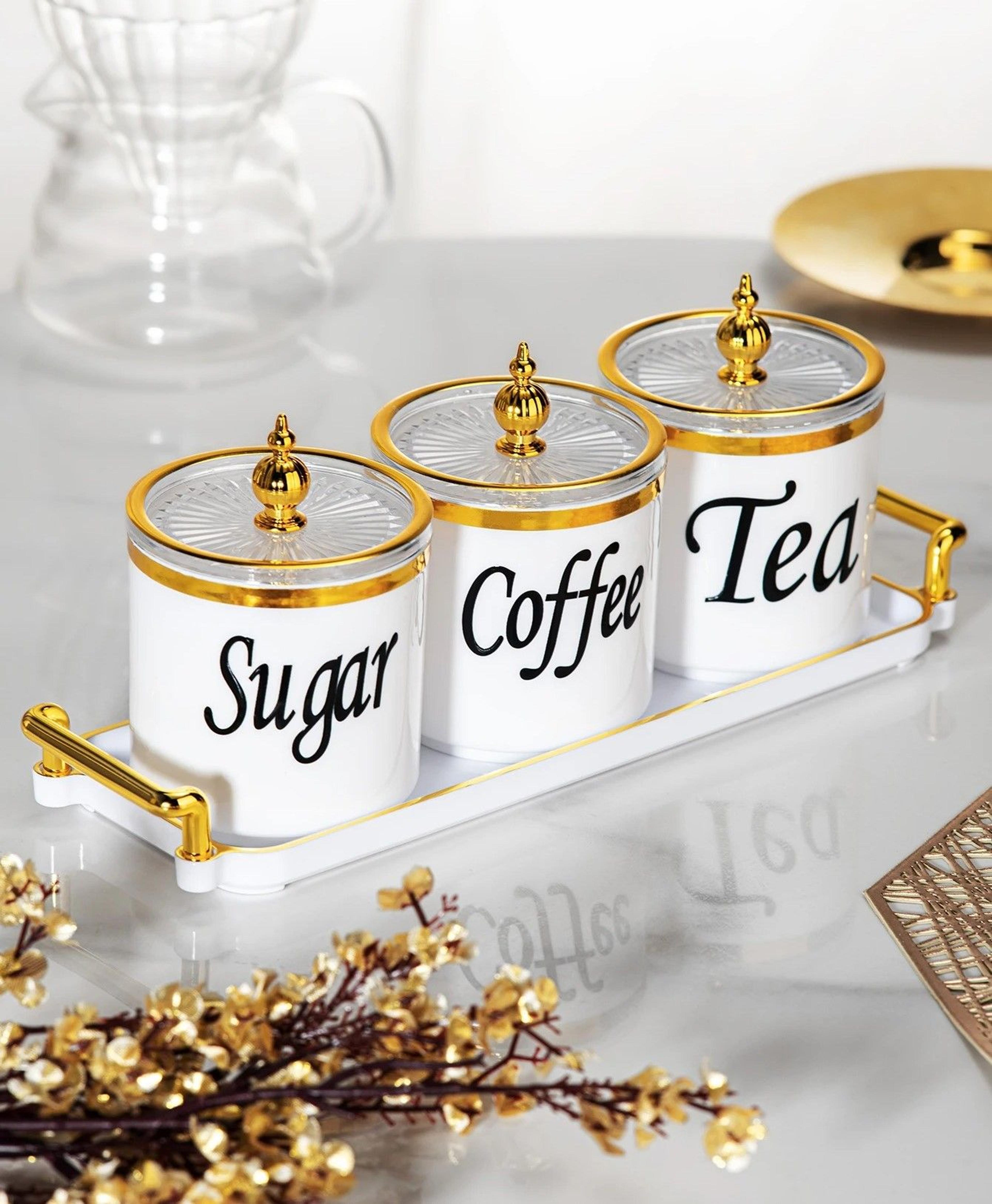 3 piece coffee tea sugar canister set with tray kitchen storage containers