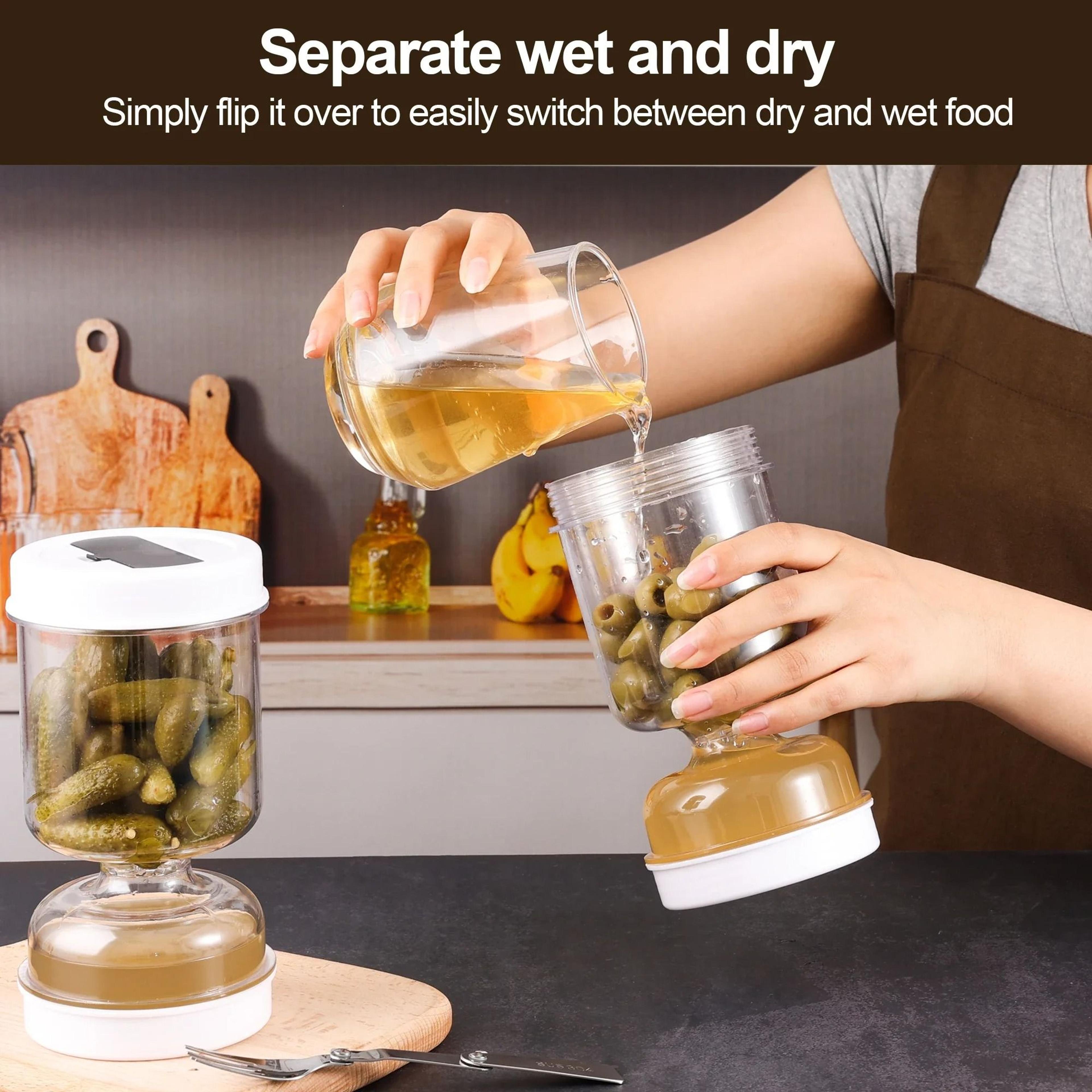 flip pickle jar with built in strainer and fork for easy food storage