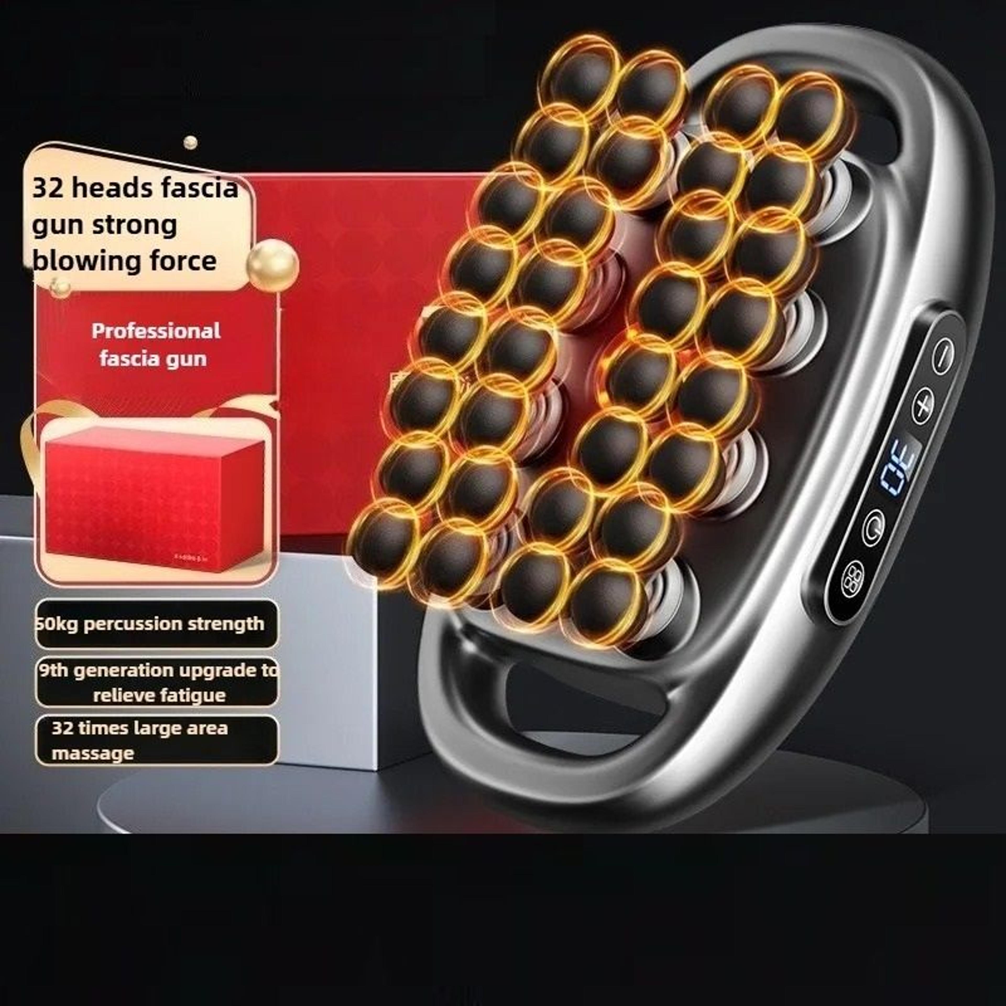 professional deep tissue percussion massager with 32 interchangeable heads and red light therapy