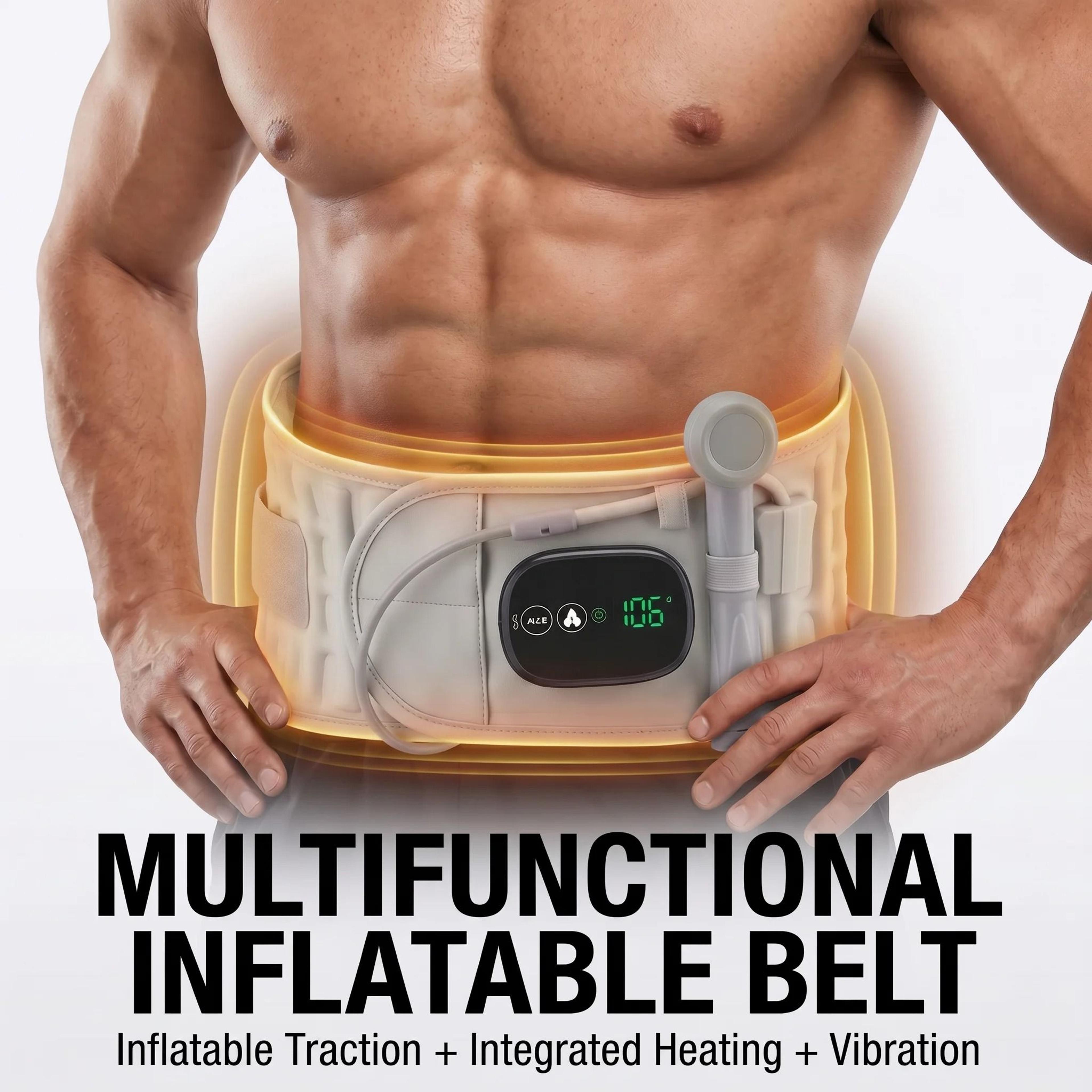 inflatable lumbar support belt with cordless air pump, heat, and vibration decompressor