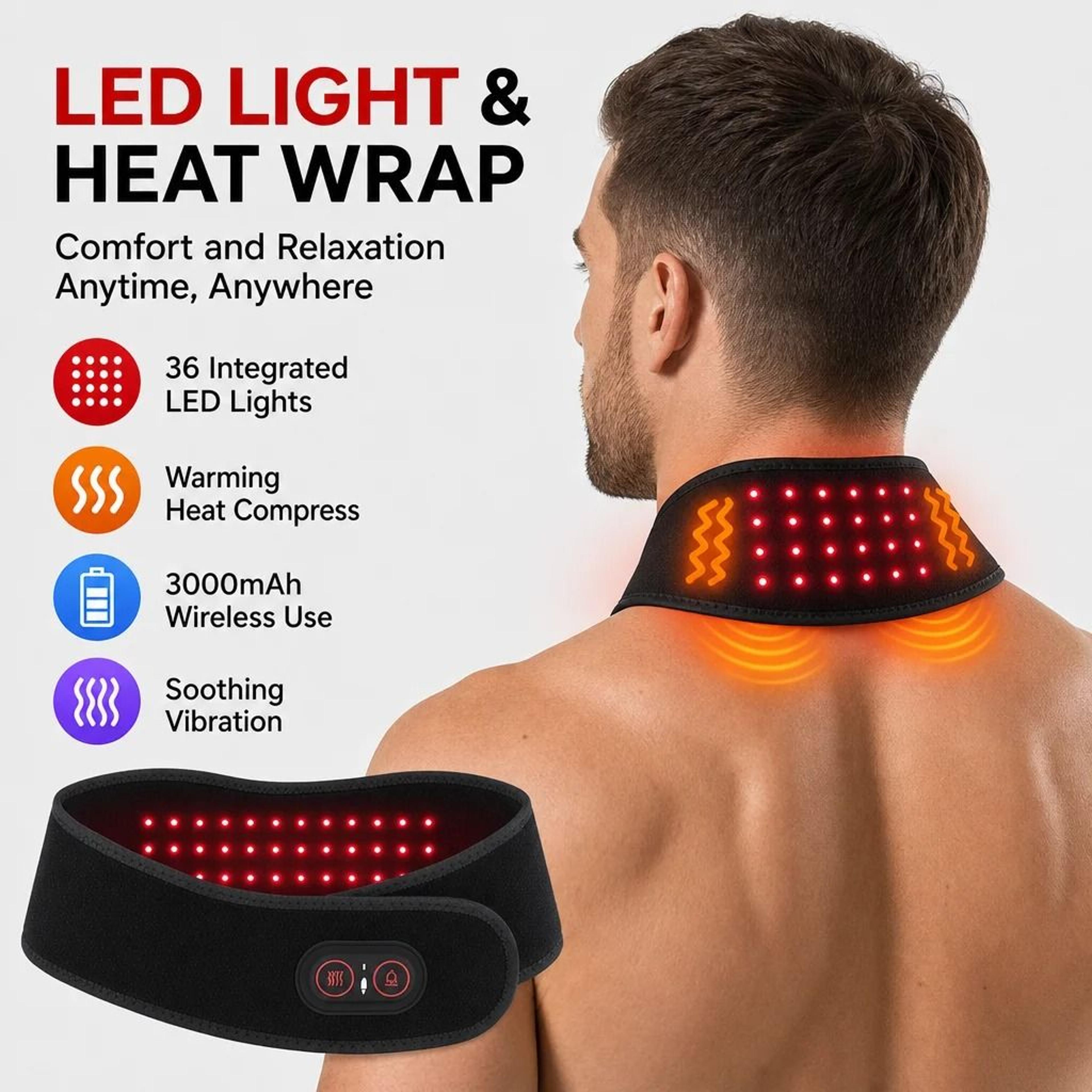 cordless red light heating neck belt with vibration, 660nm & 850nm led array, and adjustable body wrap