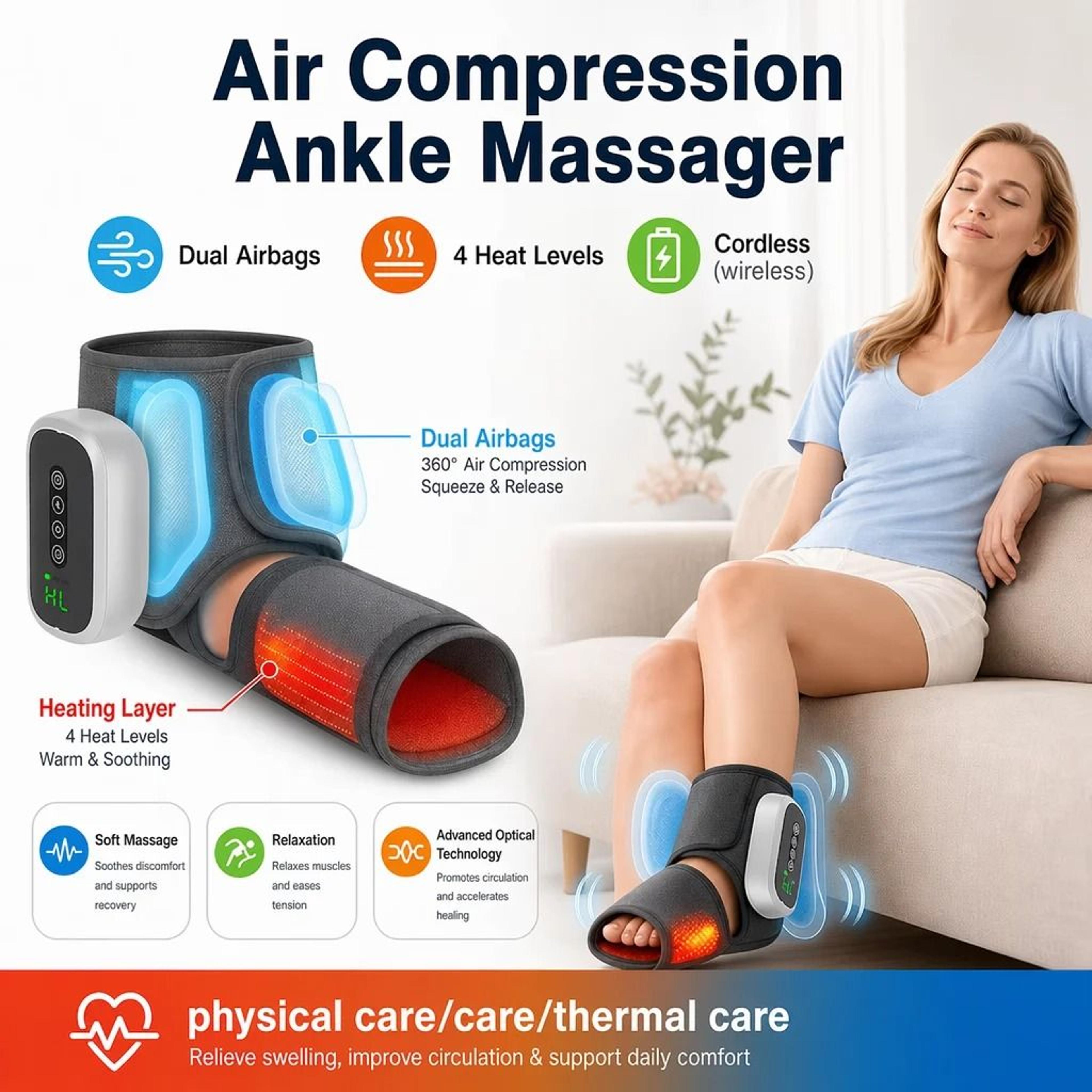 ankle air compression massager with heat, 3 modes, and 4 thermal levels