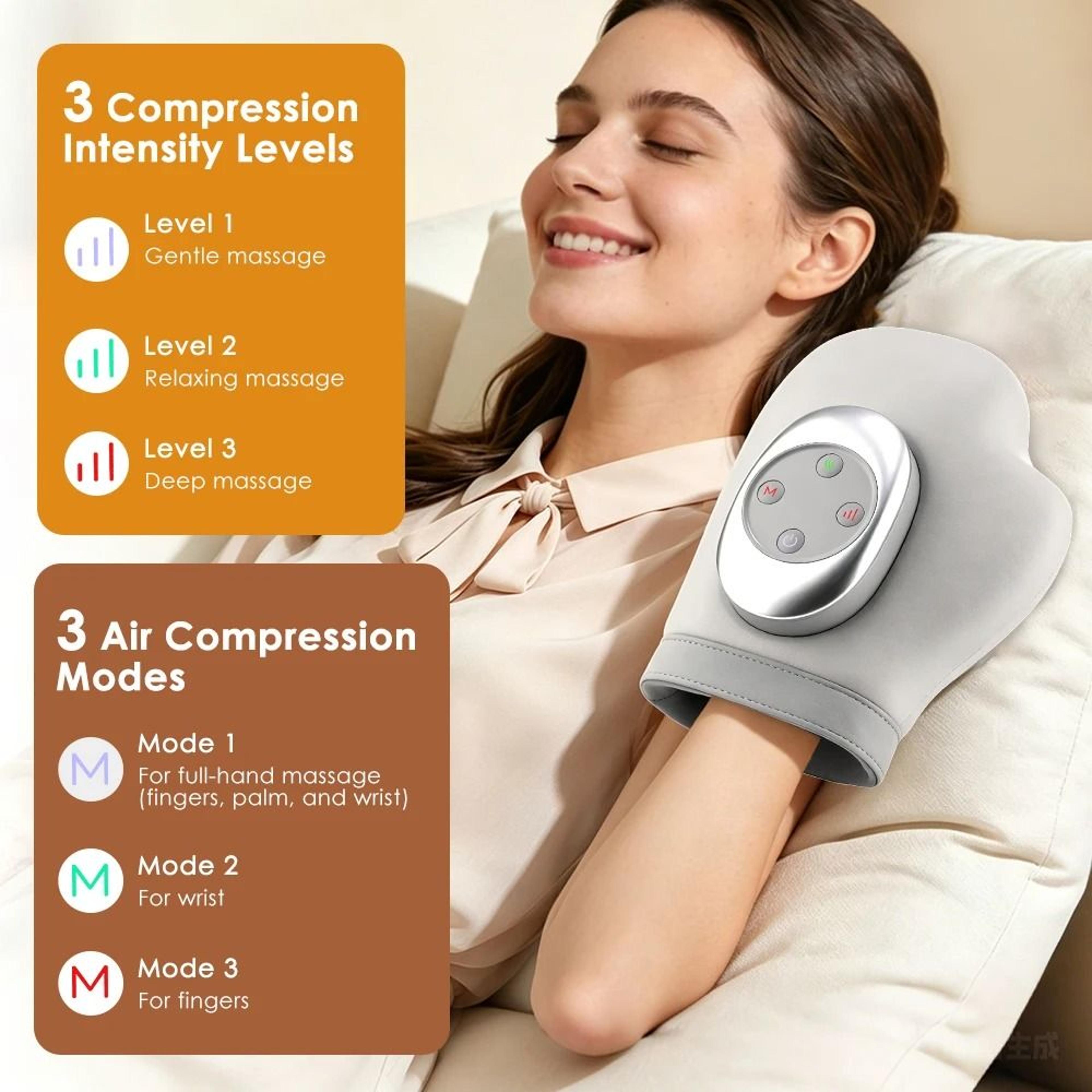 hot electric air compression palm hand massager with 3 modes, 3 heat settings, and 3 pressure levels