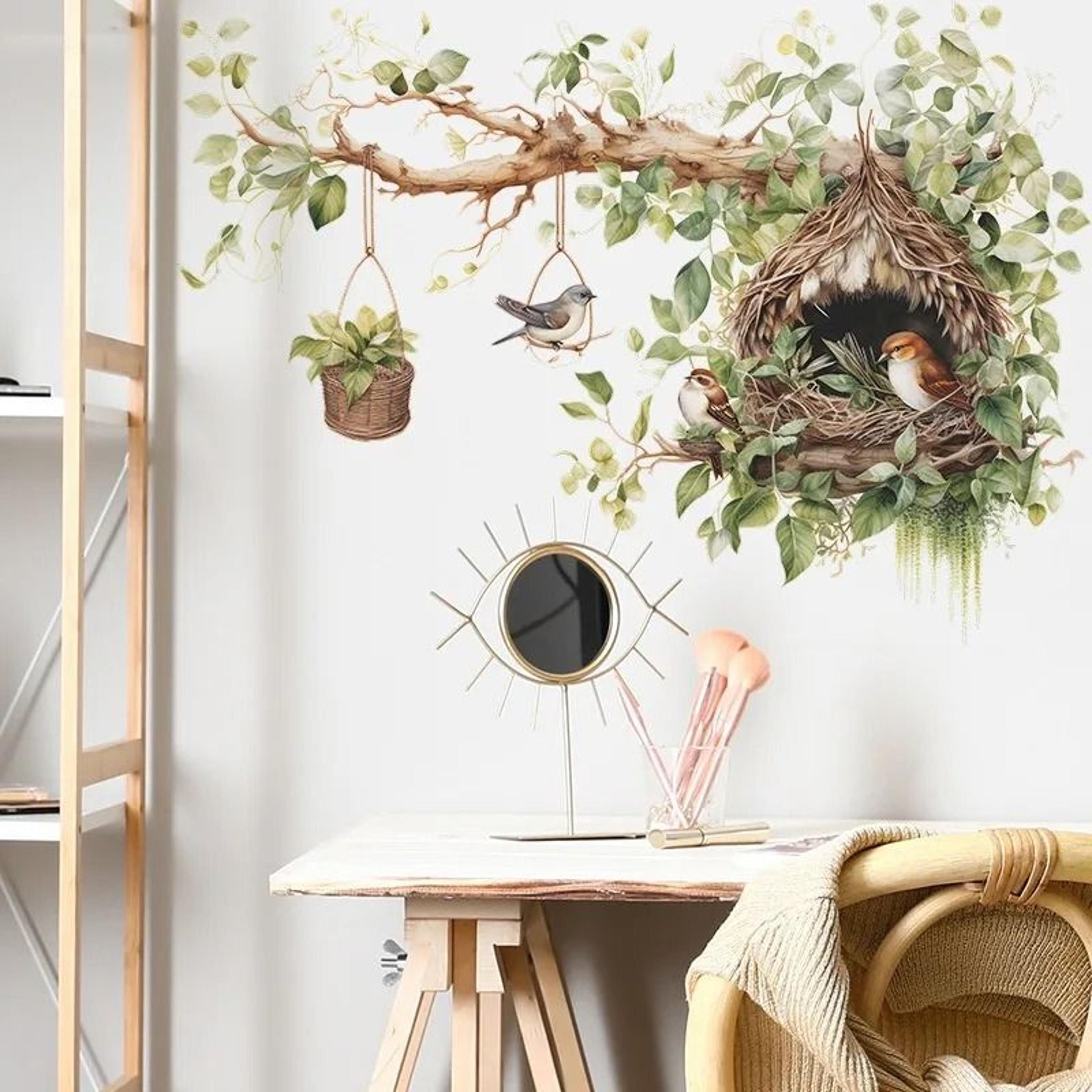 lovely birds on tree branch wall sticker with nest – self-adhesive removable vinyl wall decal