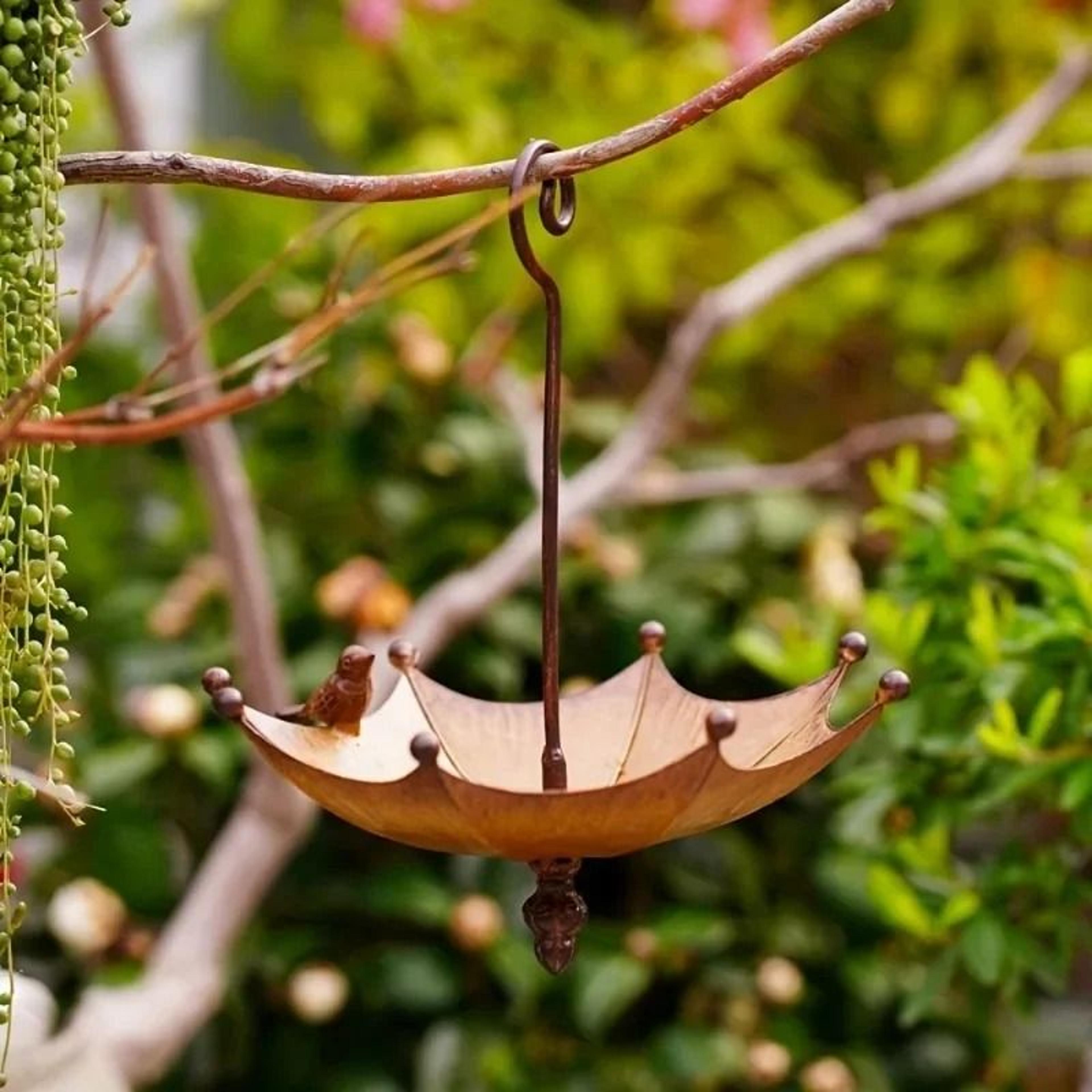 umbrella-shaped hanging bird feeder and bird bath for outdoor garden and yard