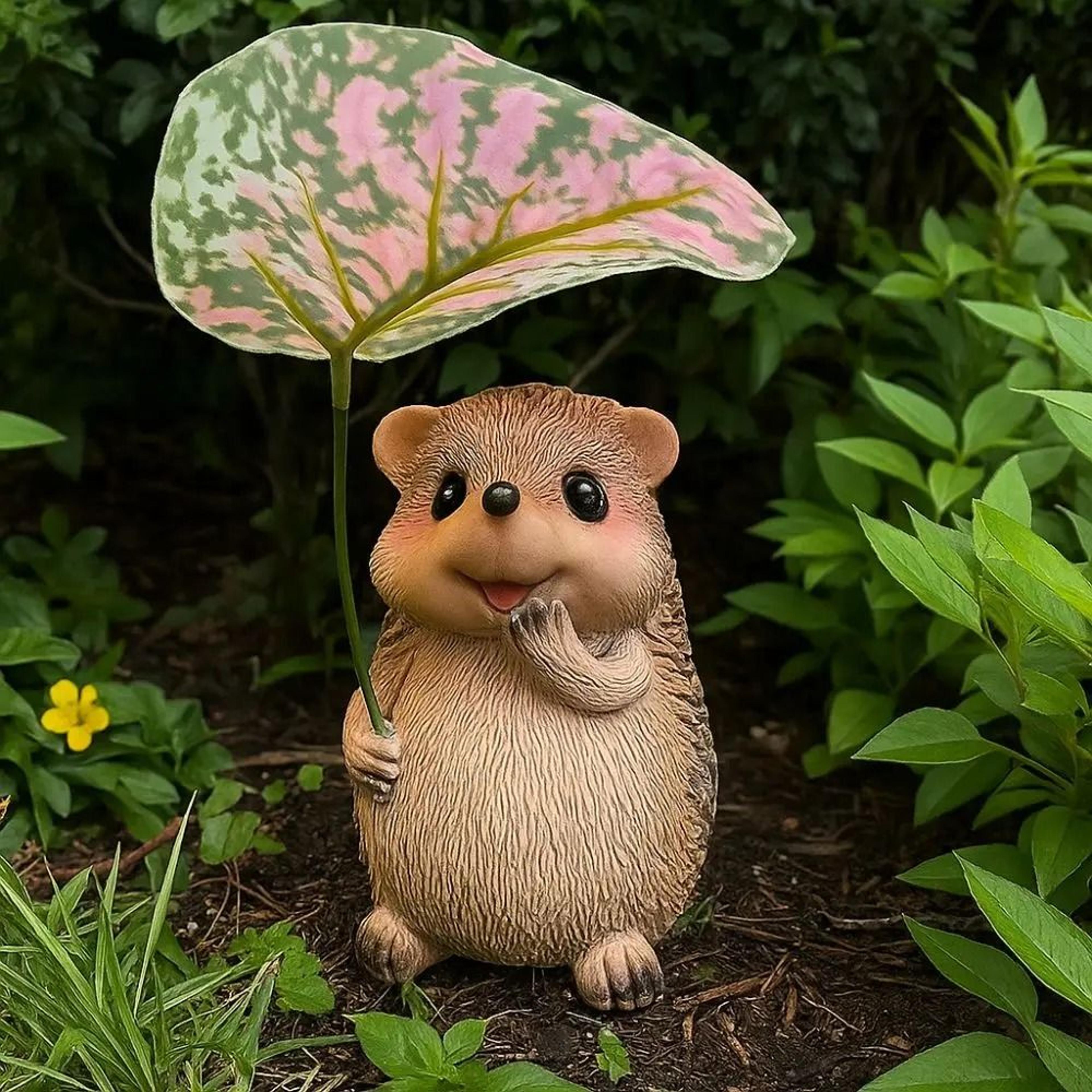 cute resin hedgehog figurine with leaf umbrella – outdoor garden sculpture ornament