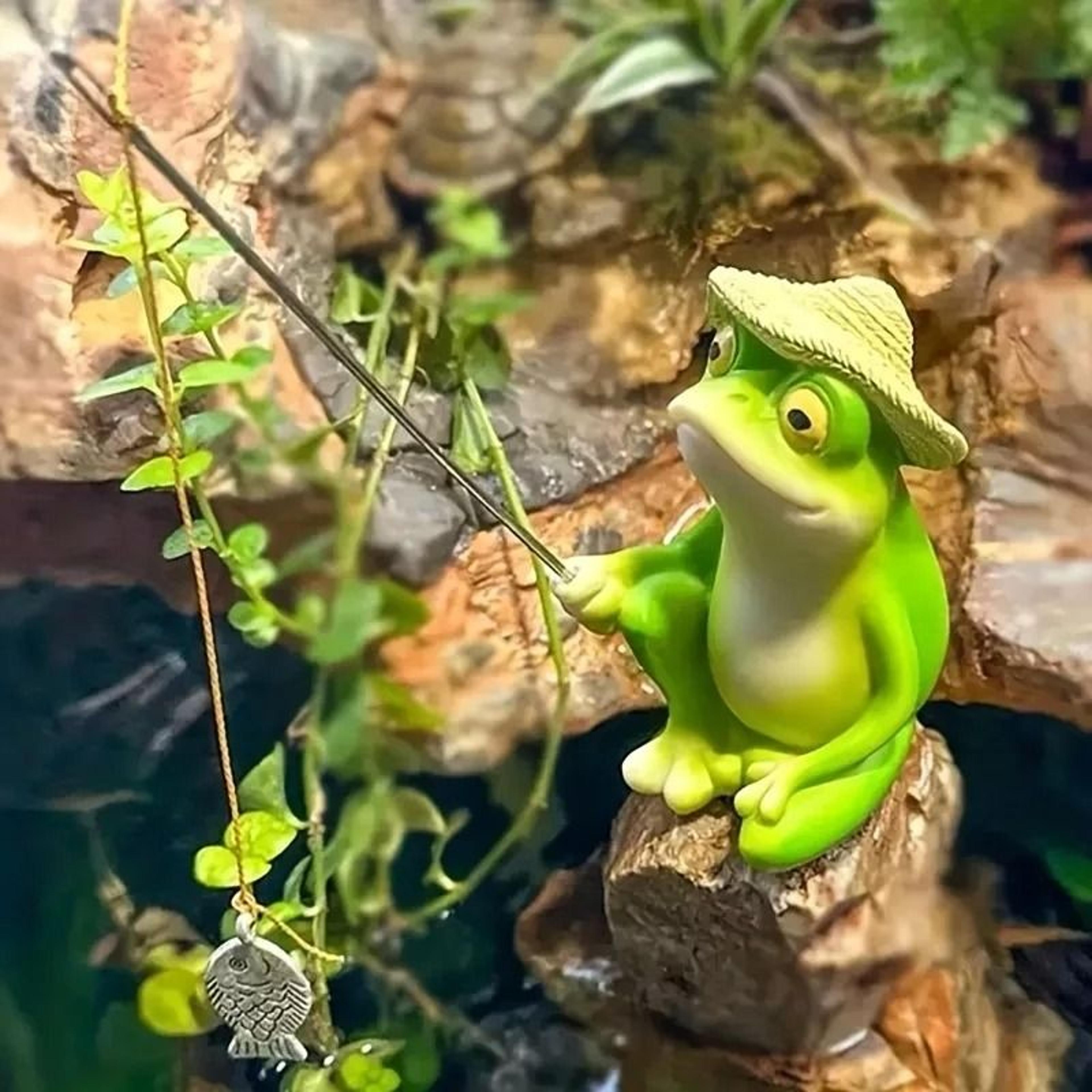 cartoon frog fishing figurine creative cute resin animal sculpture ornament