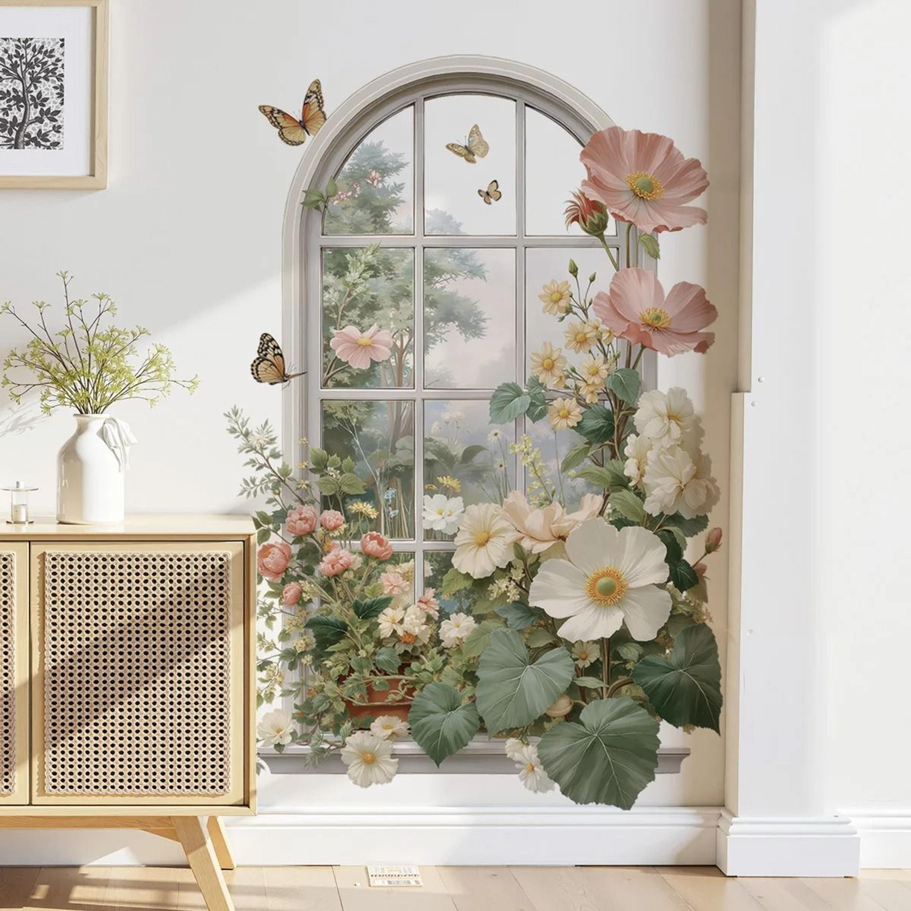 3d realistic fake window wall sticker – removable self-adhesive plant, flower & butterfly decal