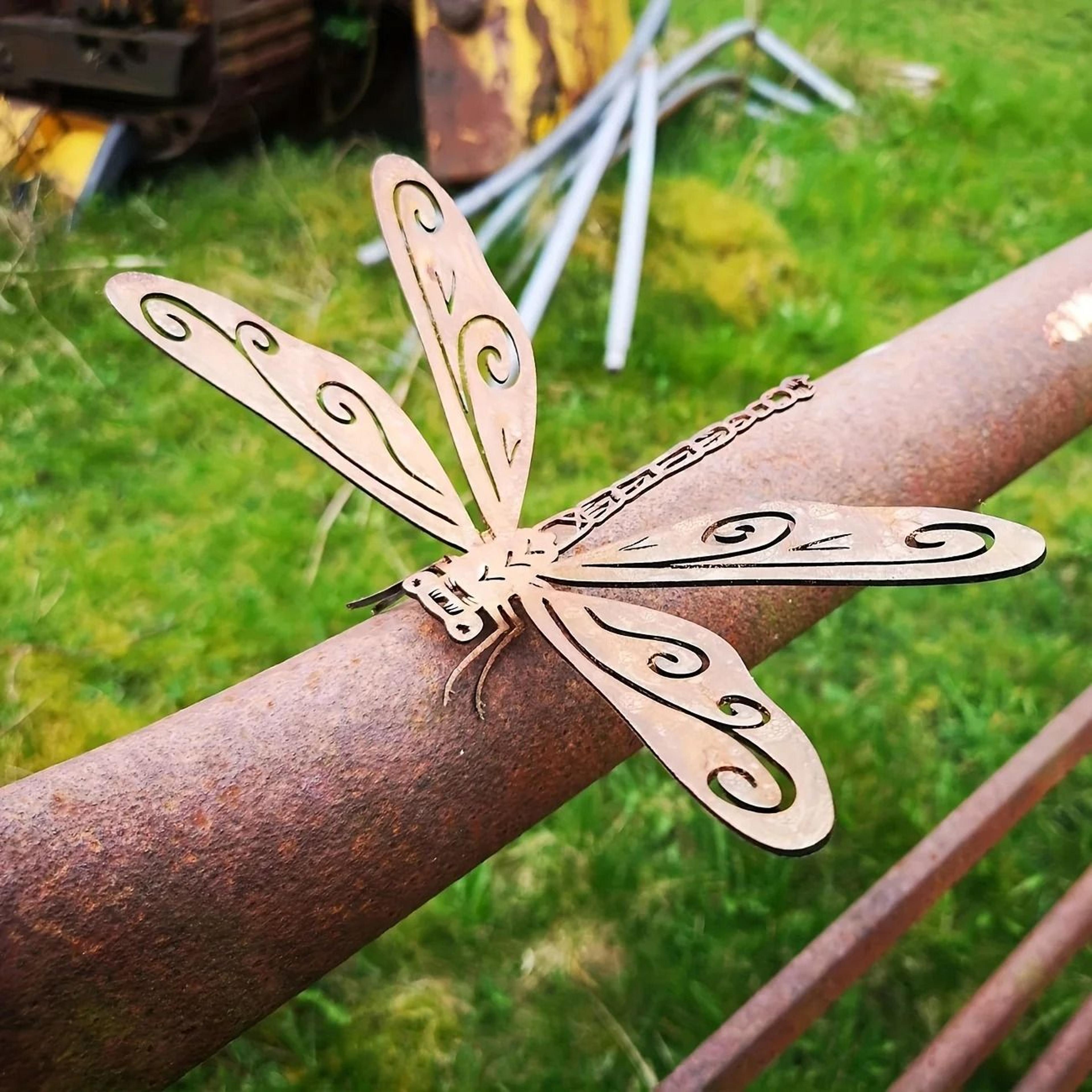 rustic metal rust dragonfly garden statue – wrought iron yard art & fence accent