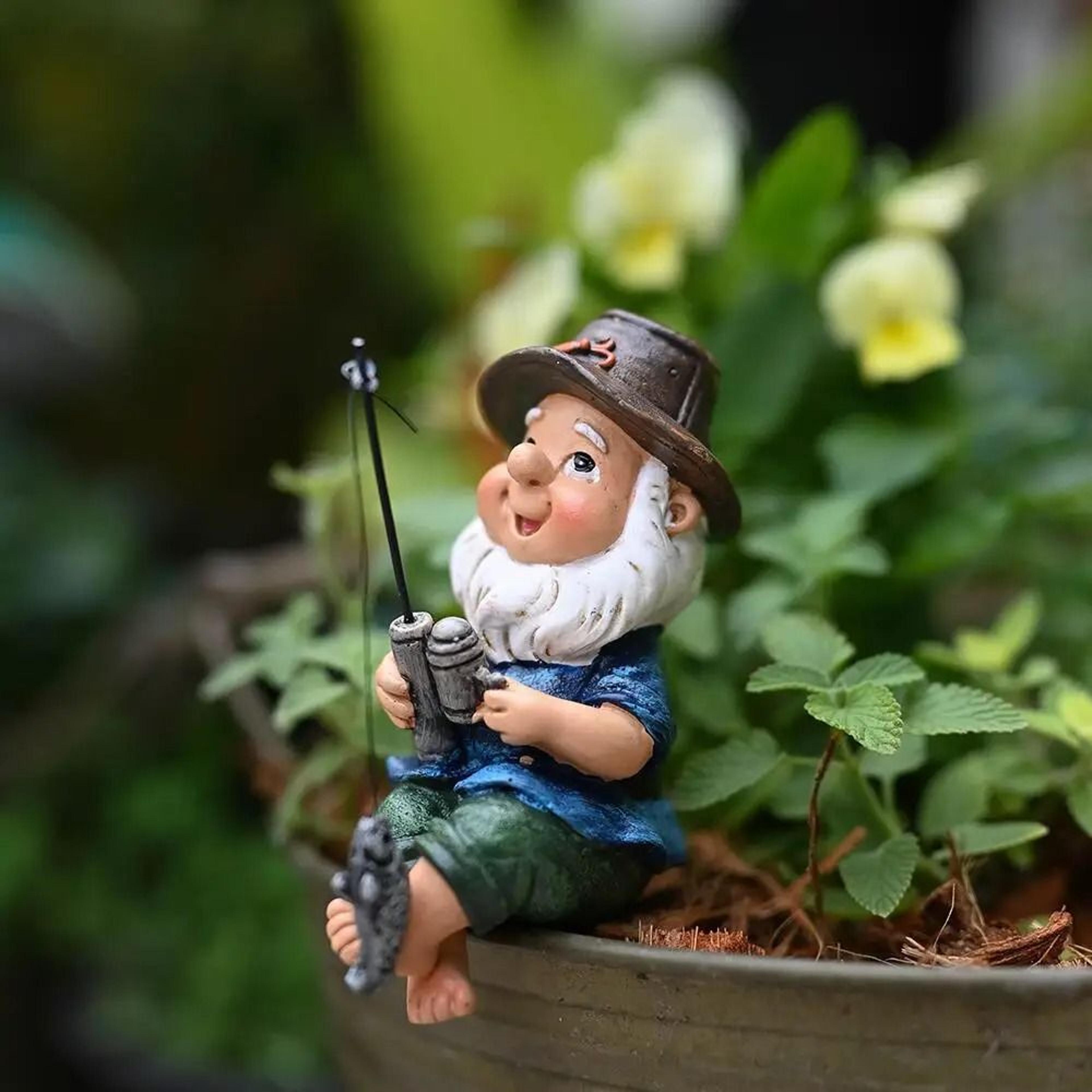creative rope fishing gnome resin statue – cute cartoon garden gnome sculpture