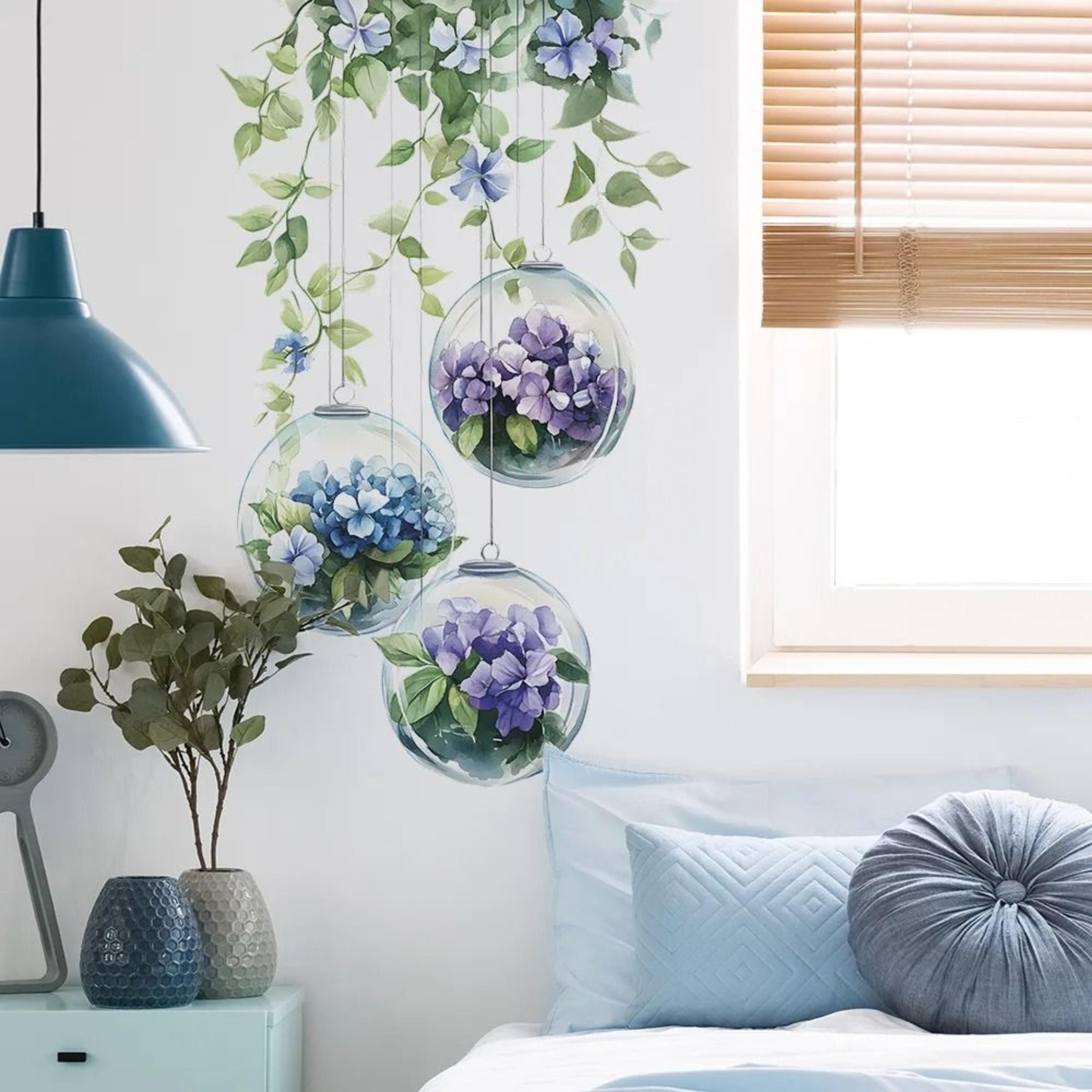 hanging floral and green leaf wall sticker – removable botanical wall decal for home decor