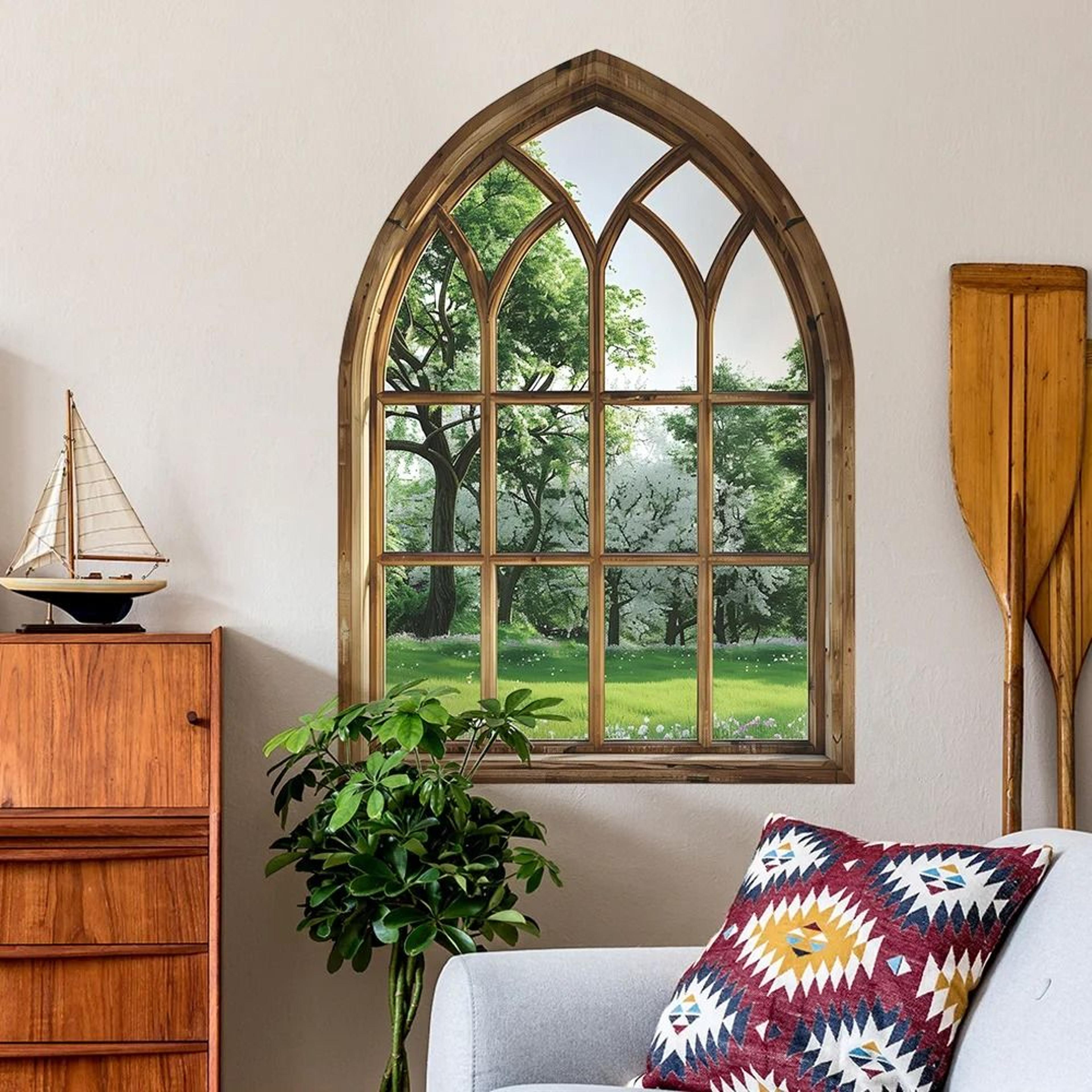 arch false window green plants wall sticker – 3d faux window botanical wall decal for home & office